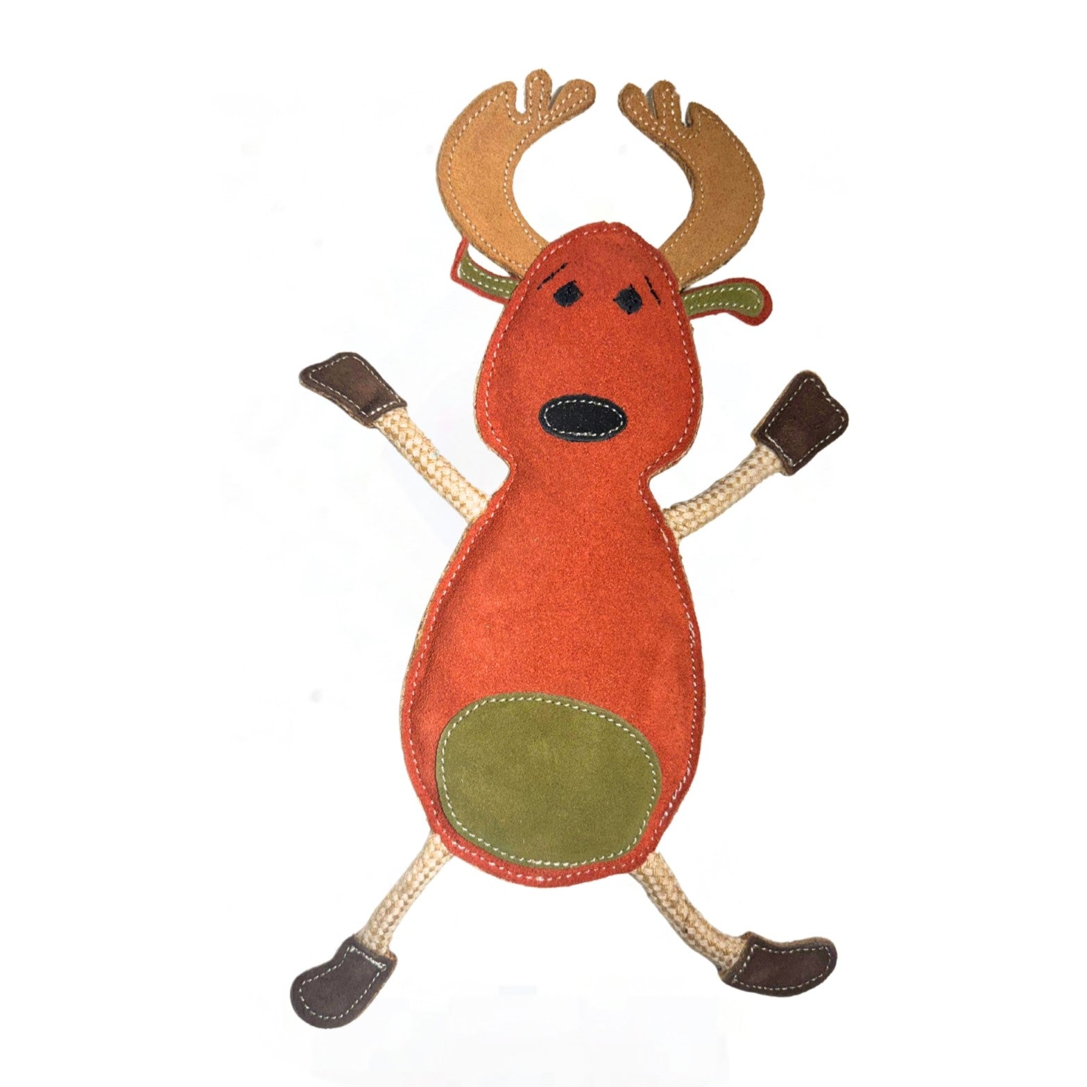 A whimsical, cartoon-like plush toy resembling Ed the green belly Moose, with oversized antlers, a bright orange body made from eco-friendly buffalo suede, green belly patch, and a simple, charming face, isolated.