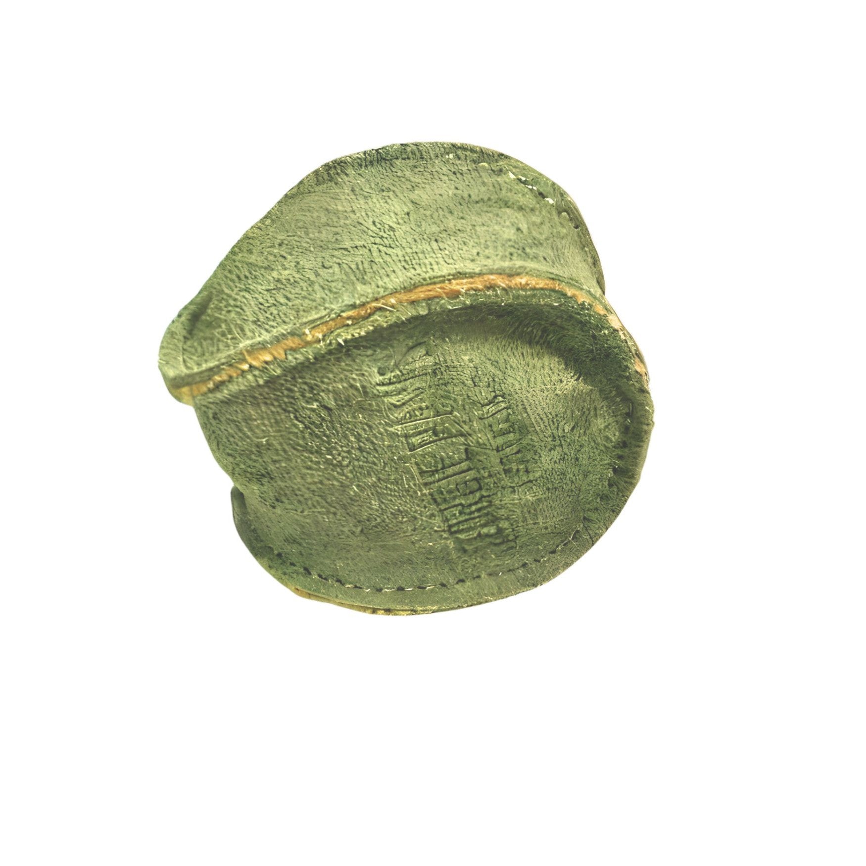 A worn, olive green military beret with visible stitching and a Georgie Paws Grass dog ball embossed on the sweatband, displayed against a white background.