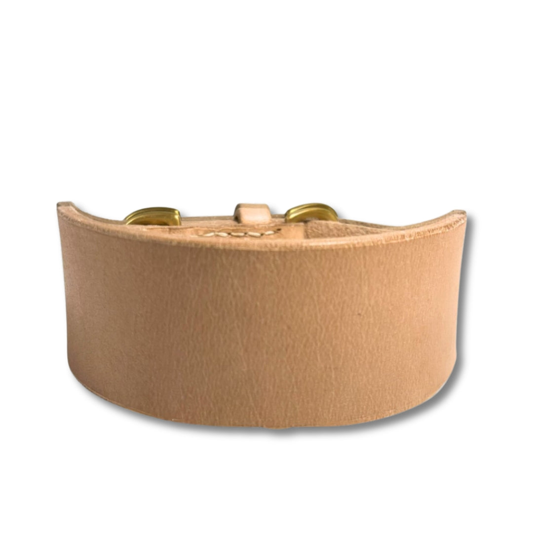 A Duke Collar - raw leather tambourine with a curved surface and visible metal jingles, set against a plain white background. The instrument's texture appears smooth and its contour symmetrical. (Georgie Paws)