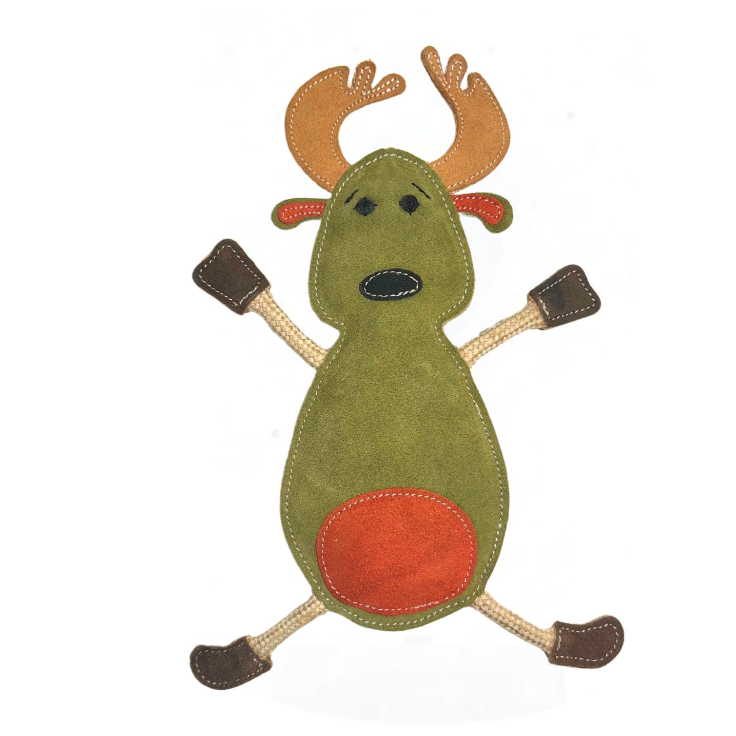 A colorful cartoon-style fabric Ed the red belly Moose toy from Georgie Paws with a green body, large brown antlers, black eyes and mouth, an orange belly patch, and limbs with brown hooves, all arranged symmetrically.