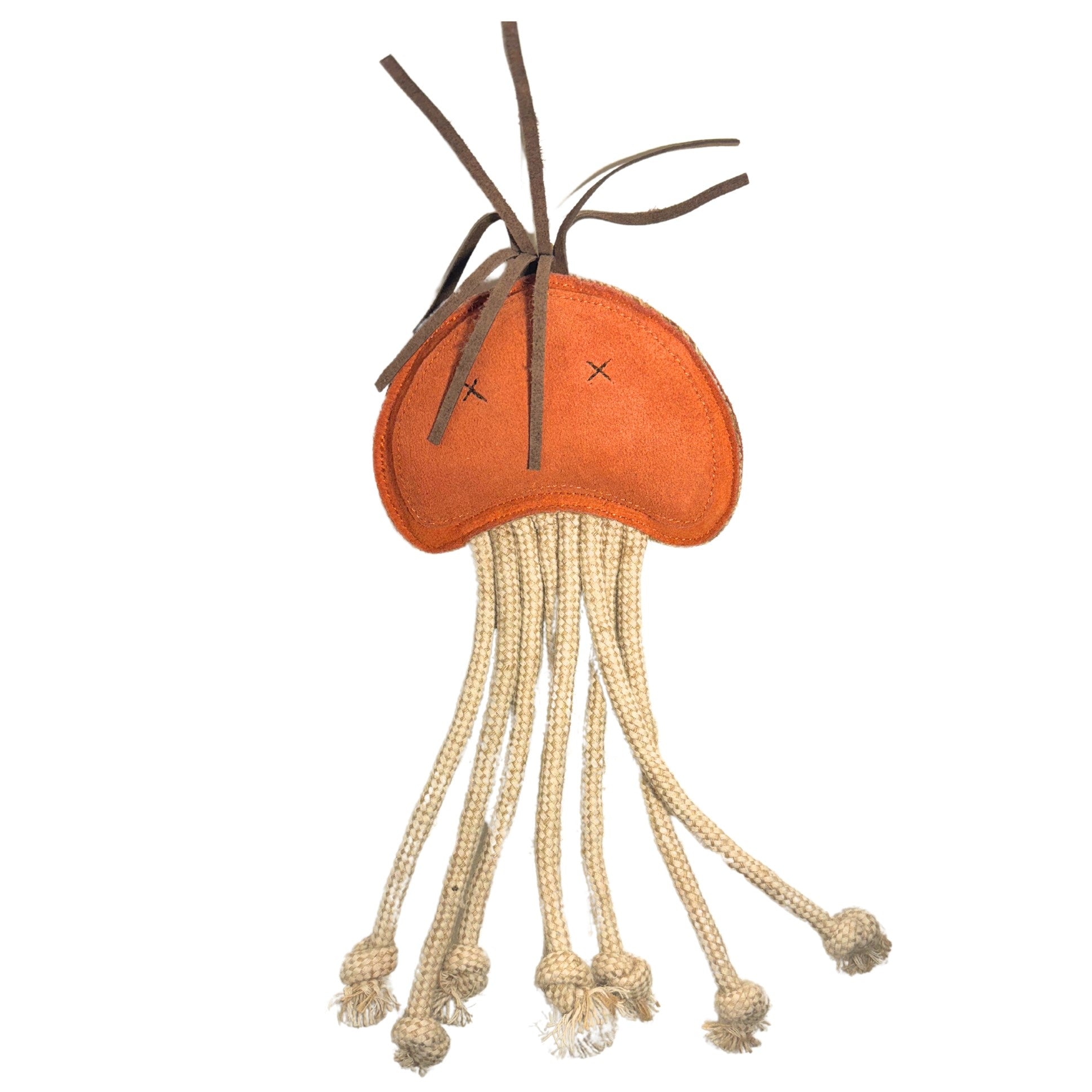 The Georgie Paws Joe Jellyfish Dog Toy in ochre is a plush, eco-friendly toy with X-shaped eyes, brown felt "tentacles" on top, and thick beige rope tentacles with knotted ends. Ideal for dog playtime. Shown on a white background.