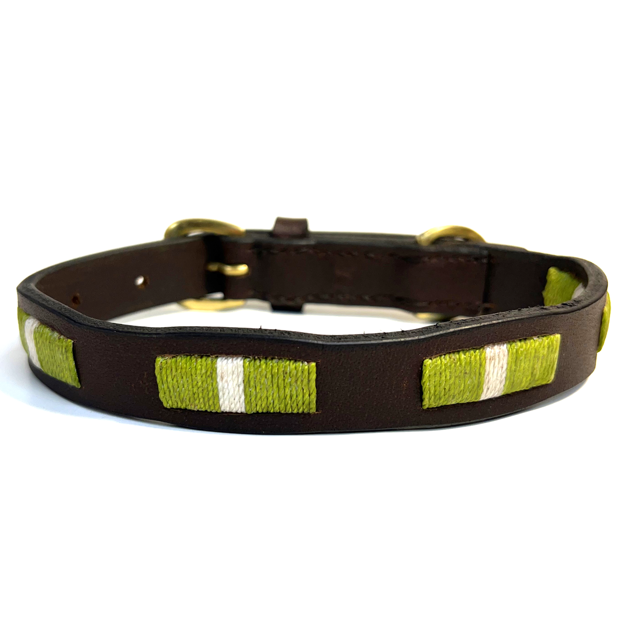 Leather handmade dog collar with decorative polo style stitching and braid trim