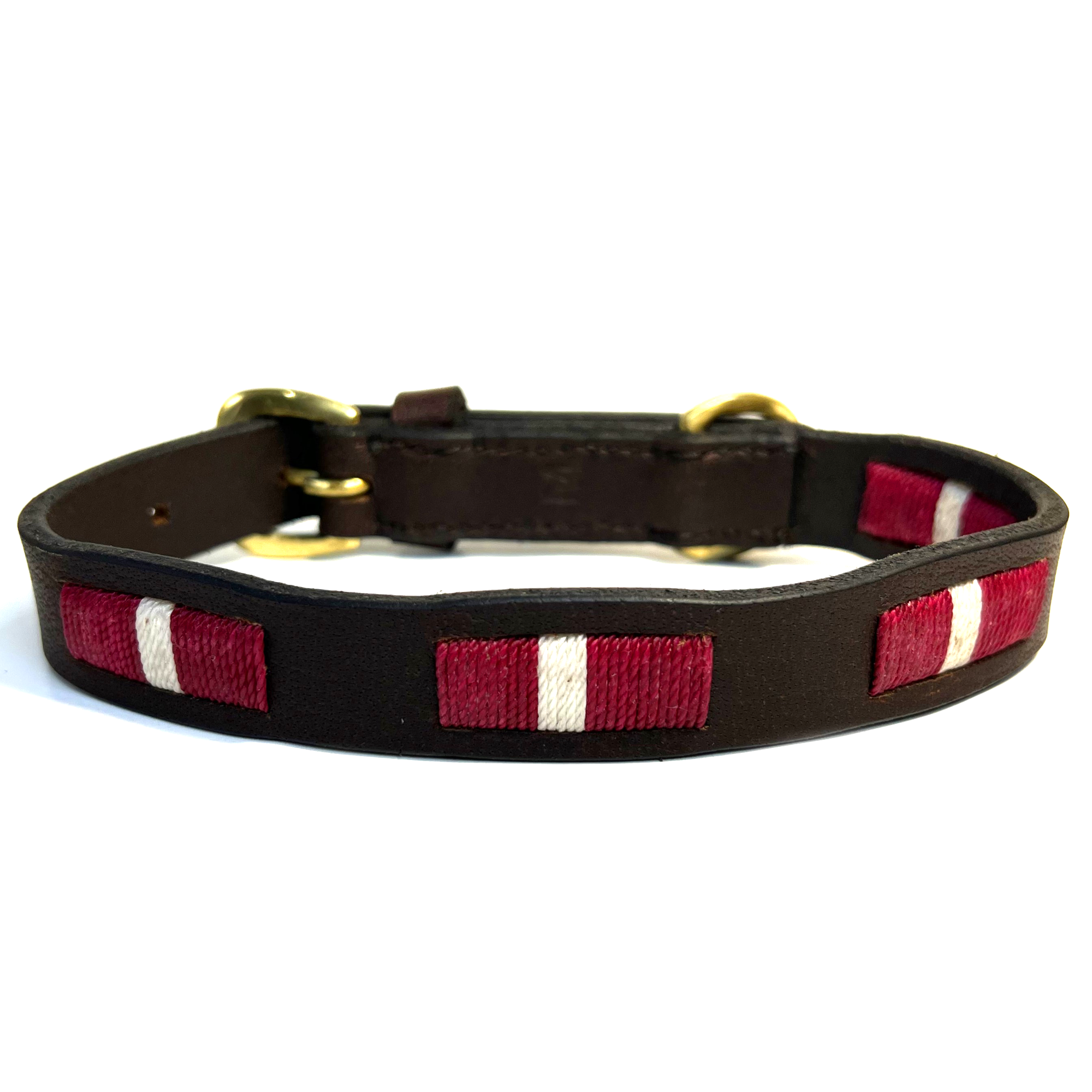 handmade natural leather dog collar, with decorative ruby red and white stitching.  Strong, sustainable and compostable brown waxed leather Buffalo Leather.Aged brass buckle