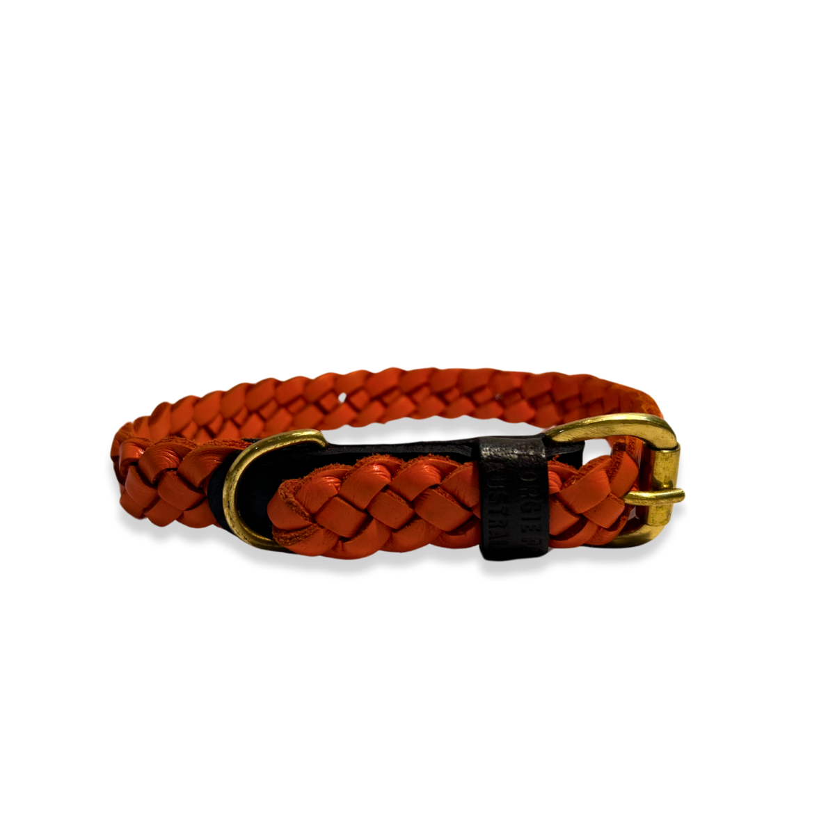The Windsor Collar - Ochre by Georgie Paws is a braided orange buffalo leather collar with a brass buckle and black accent, shown on a white background. Its circular clasped design and sturdy hardware suit small dogs.