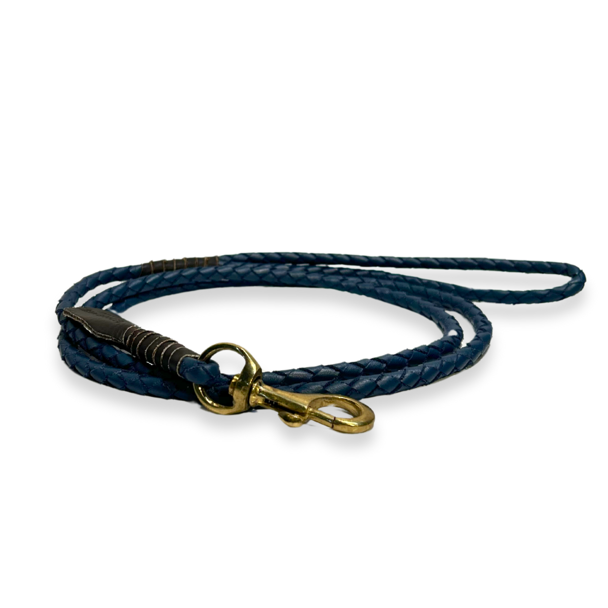 The Georgie Paws Windsor Lead - Storm is a coiled blue braided buffalo leather dog leash with a loop handle and gold metal clasp, reinforced by brown thread near the aged brass hardware. Shown on a plain white background.