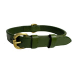 A stylish green Georgie Paws buffalo leather Bald Collar Chive with a golden buckle and a loop, isolated on a white background. The collar has visible stitching and a solid, streamlined design.