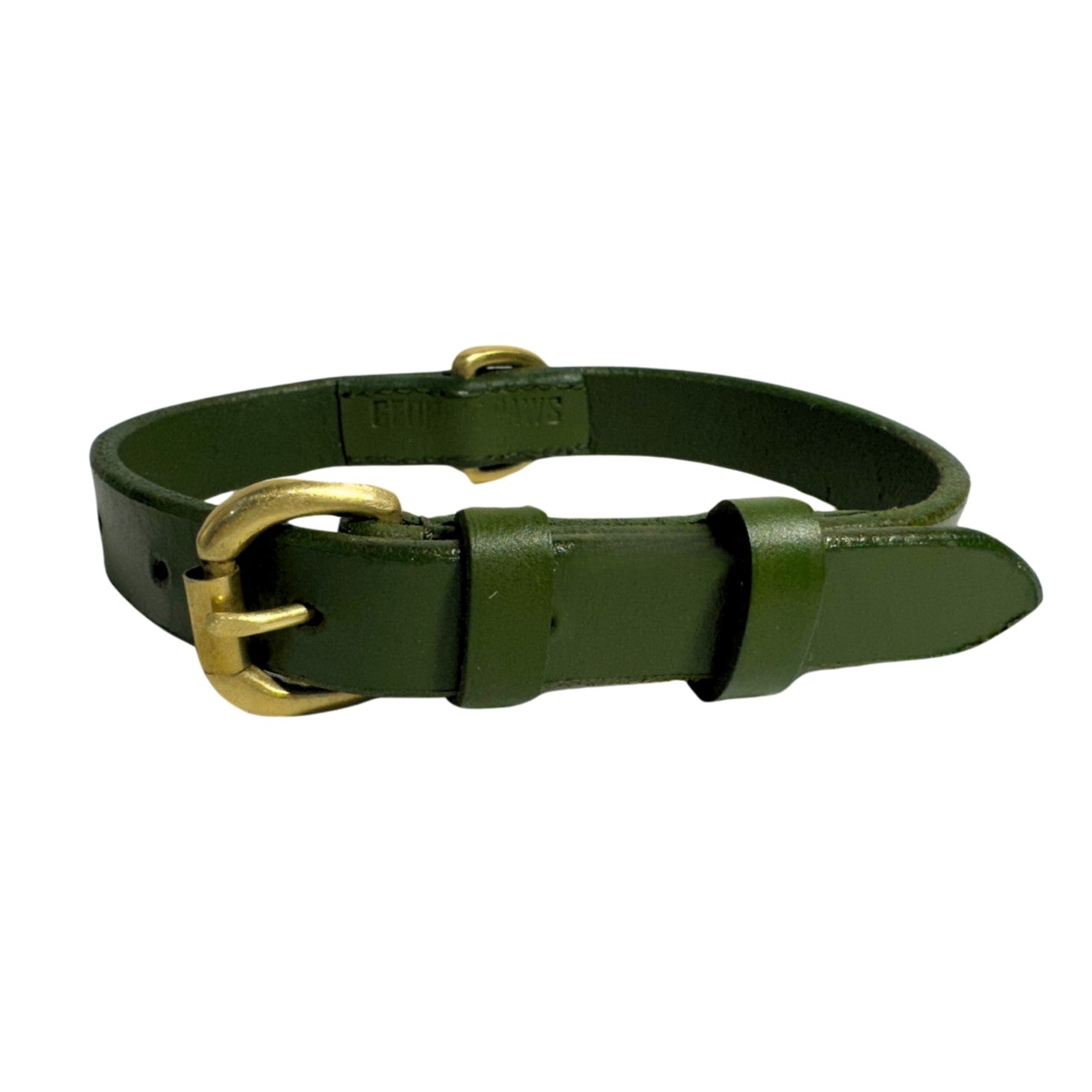 A stylish green Georgie Paws buffalo leather Bald Collar Chive with a golden buckle and a loop, isolated on a white background. The collar has visible stitching and a solid, streamlined design.