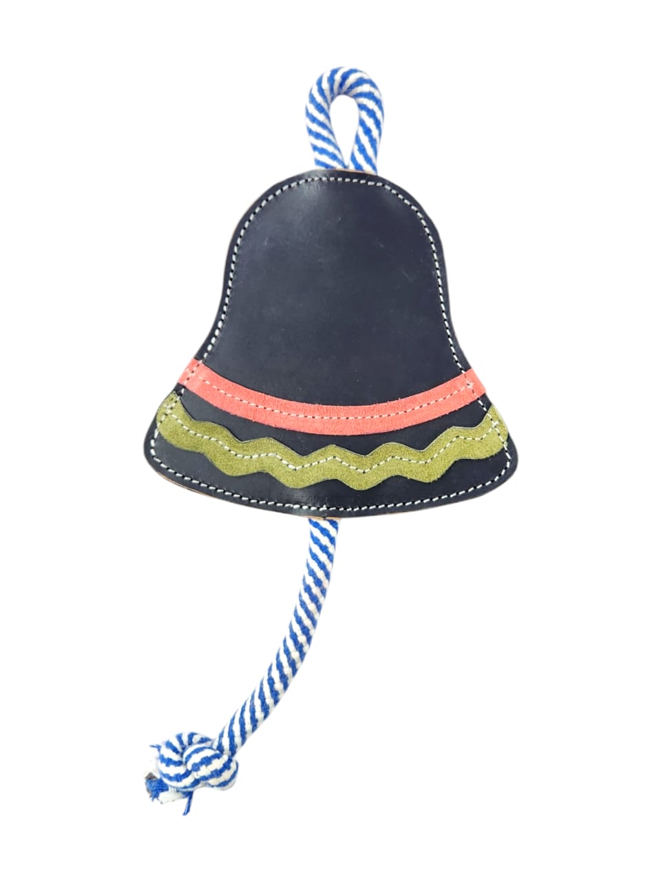 The Barb the Bell - navy keychain by Georgie Paws is crafted from sustainable buffalo leather, shaped like a bell with red and green zigzag stripes. It has a blue and white braided rope loop at the top, a matching tassel at the bottom, and edge stitching—ideal as a stylish accessory or toy.