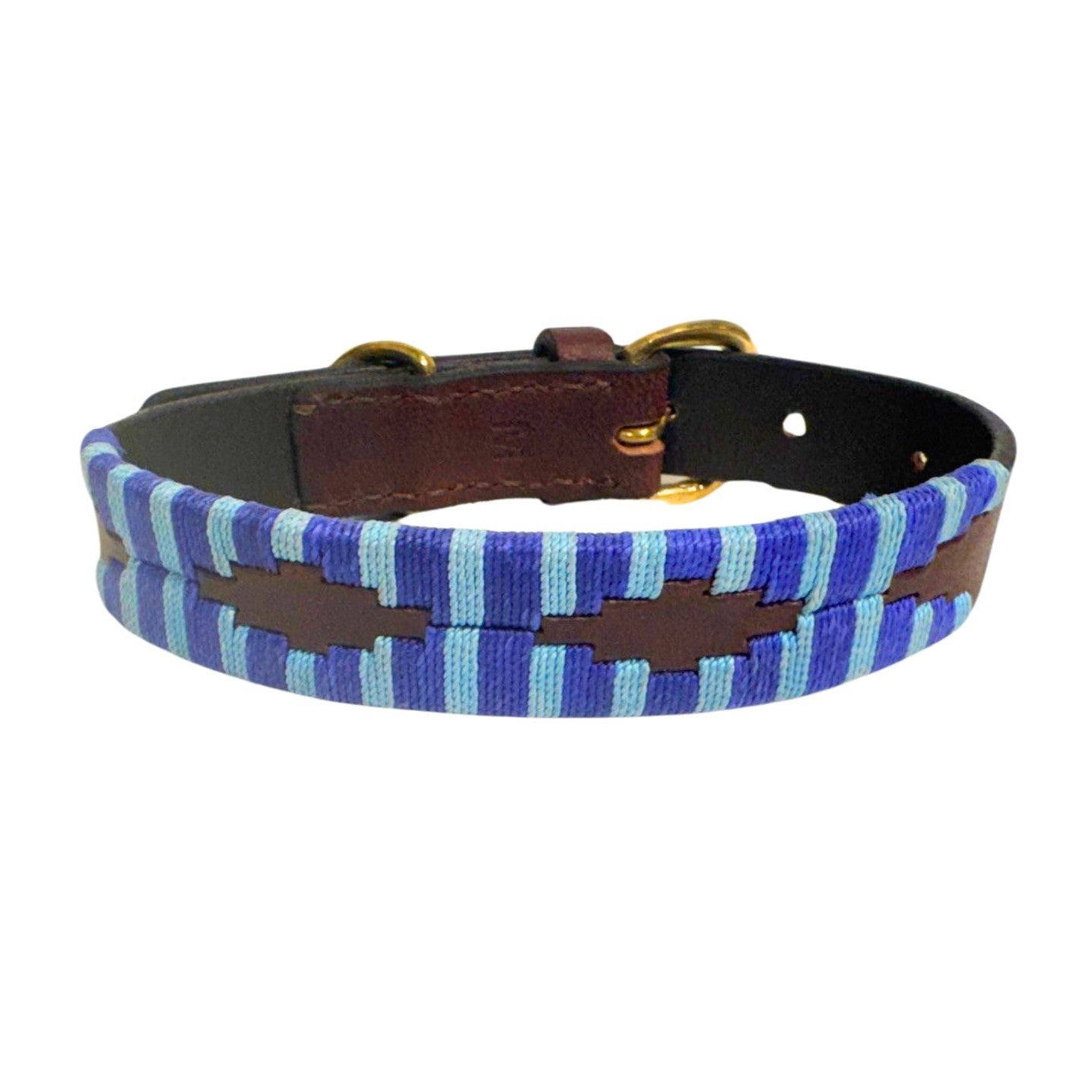 Close-up of the Polo Collar - Bluey by Georgie Paws, showcasing a blue and brown woven pattern. Made from Buffalo leather, it features brass buckles and rivets. The primarily blue collar with brown accents stands out against a plain white background.