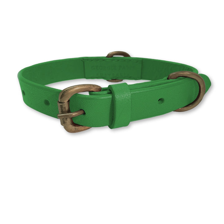 The "Bald Collar - Green" by Georgie Paws is a bright green handmade buffalo leather dog collar with antique brass hardware. It features small punched holes for adjustability, a loop near the buckle to secure excess strap, and the brand name subtly embossed on the smooth-textured inner side.