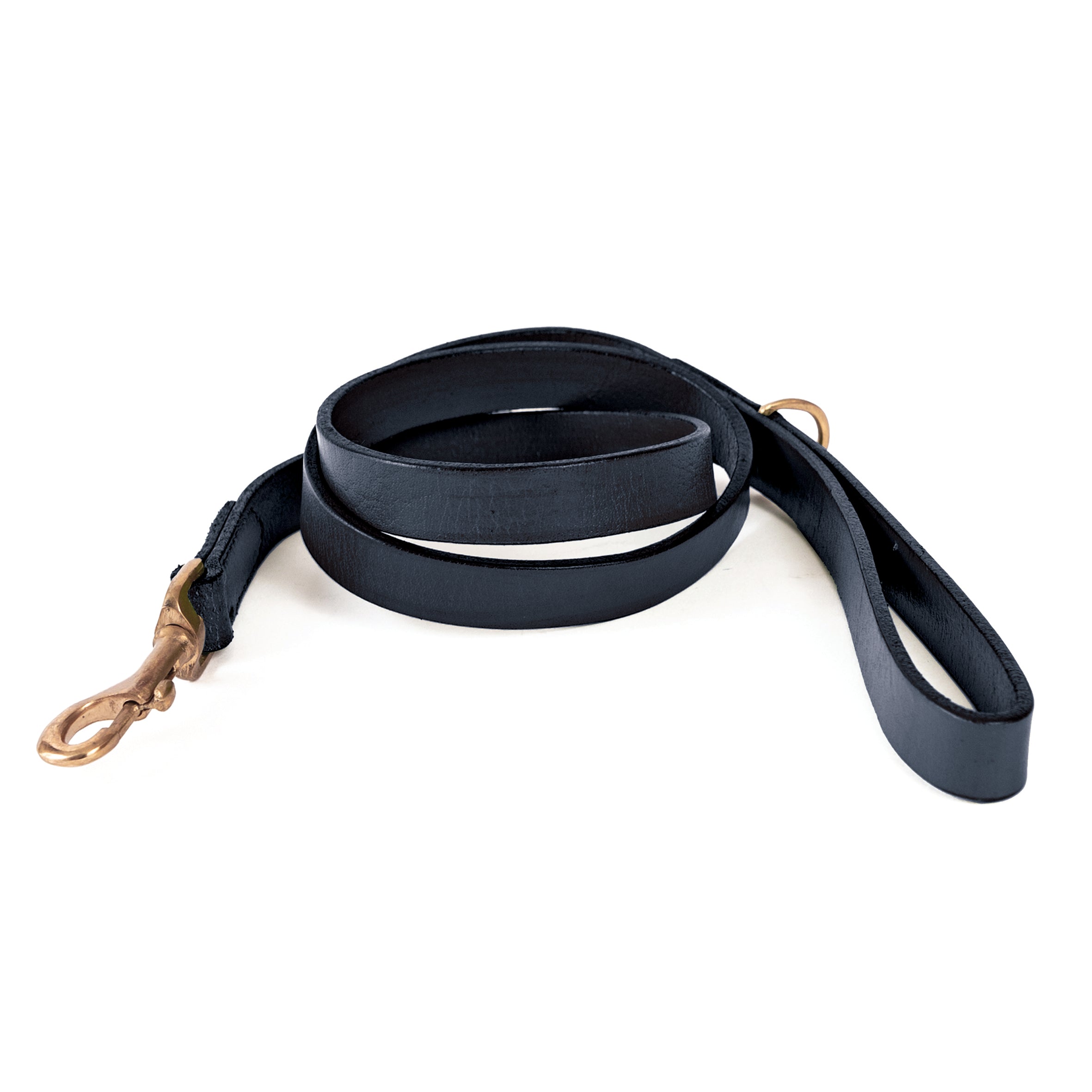 A hand-made Bald Lead Navy camera strap with a brass-colored swivel clip lies coiled against a white background, hinting at elegance and durability for photographers on the move. Brand Name: Georgie Paws
