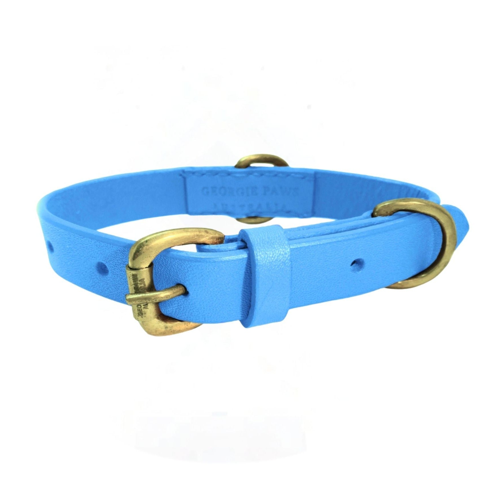 A vibrant Blue Georgie Paws leather dog collar with an antique brass hardware buckle and a loop, featuring an embossed Georgie Paws brand name, presented against a white background.