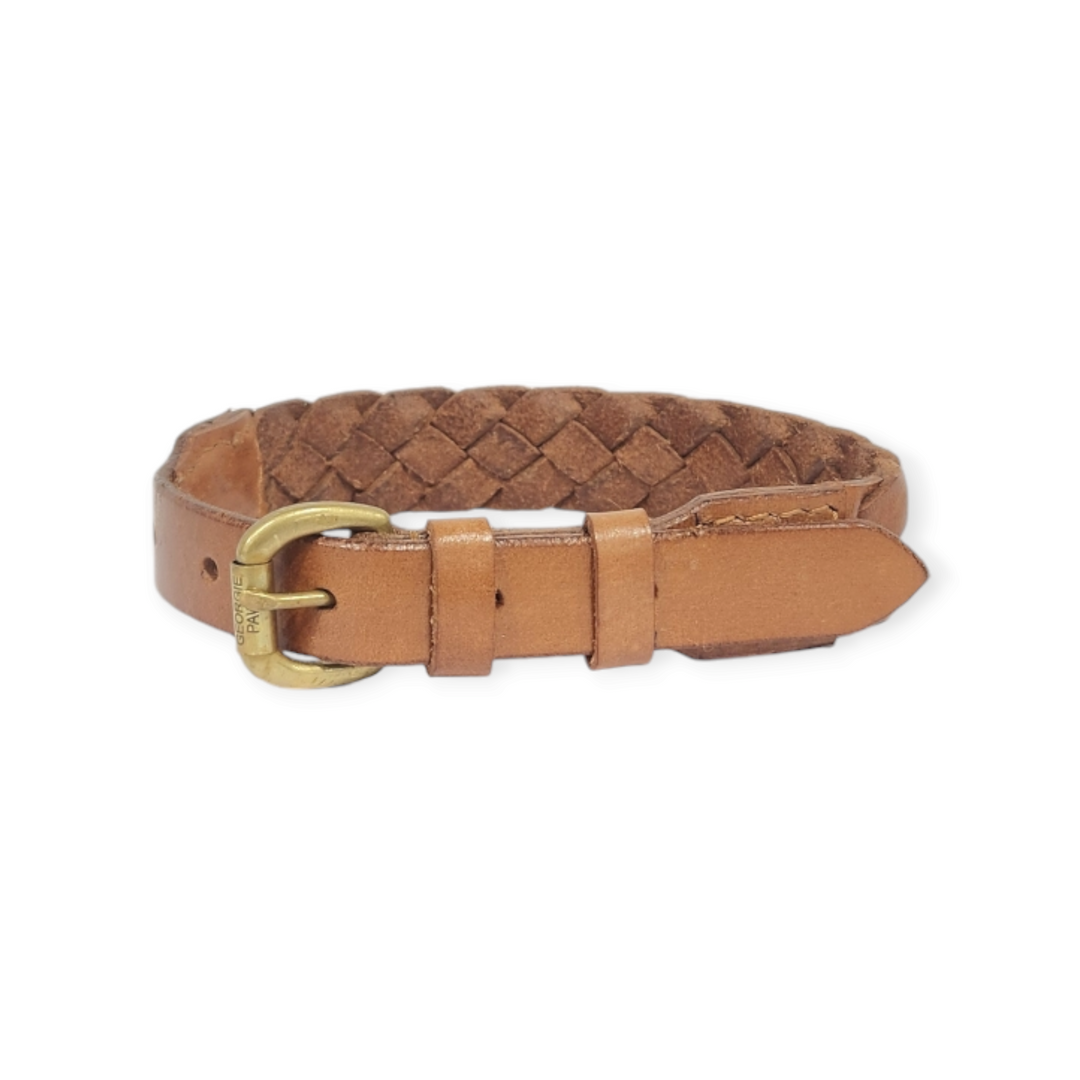 Tan buffalo leather dog collar with brass buckle hardware on white background — Georgie Paws Casey Collar in Tan