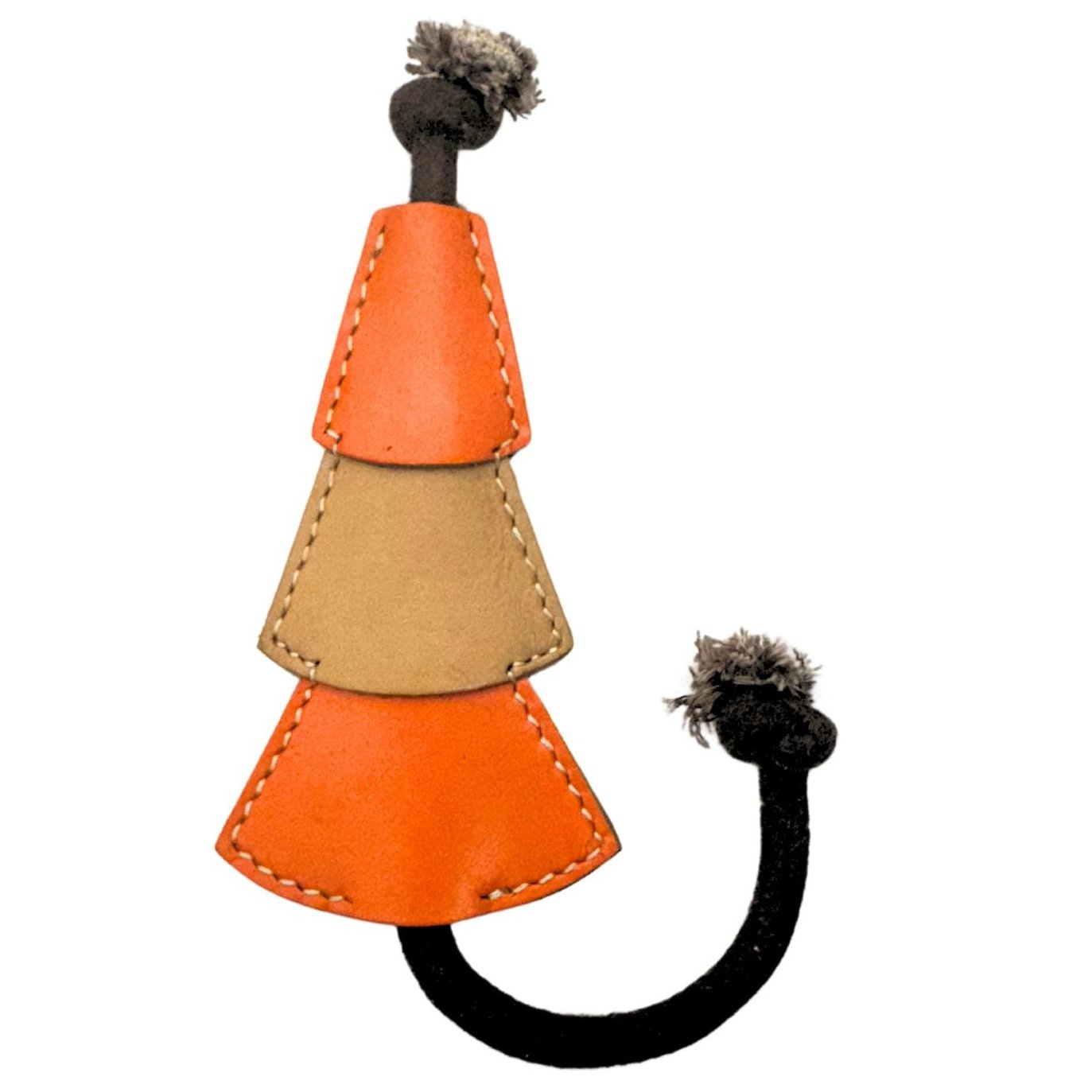 Introducing the Tree - Orange from Georgie Paws, this resilient chew toy is designed to resemble a carrot and features three layers of stitched buffalo leather in vibrant orange and beige. The ends are adorned with plush black textures that mimic carrot tops, complemented by a curved black stem at the base—making it an ideal tug toy for your playful pets.