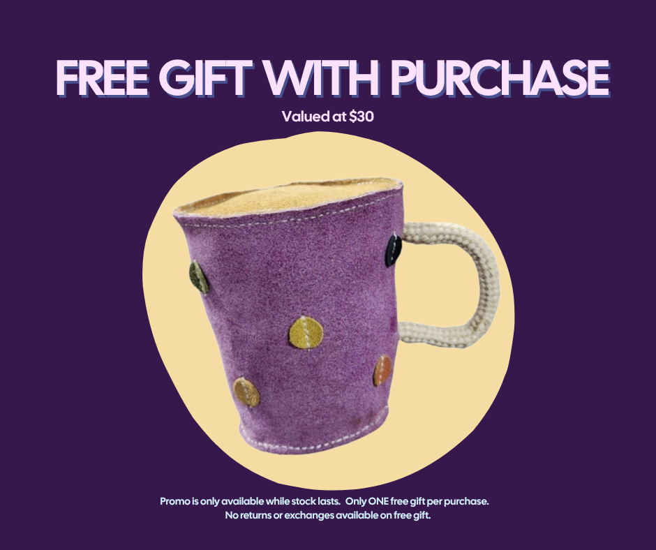 A purple mug with multicolored dots and a textured handle is centered on a dark purple background. Above, bold text reads "Mother's Day Free Gift With Purchase! | Georgie Paws," with "$30 value" and promo disclaimer below.