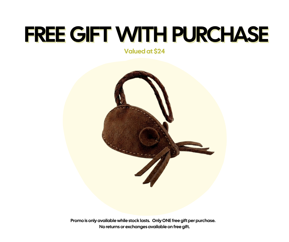 A free Georgie Paws “Play Hard” June Bundle Poo Bag Dispenser, shaped like a brown felt mouse with stitched details and a looped tail, is centered on a pale yellow circle; “Valued at $24” appears below, with promo rules in small print.