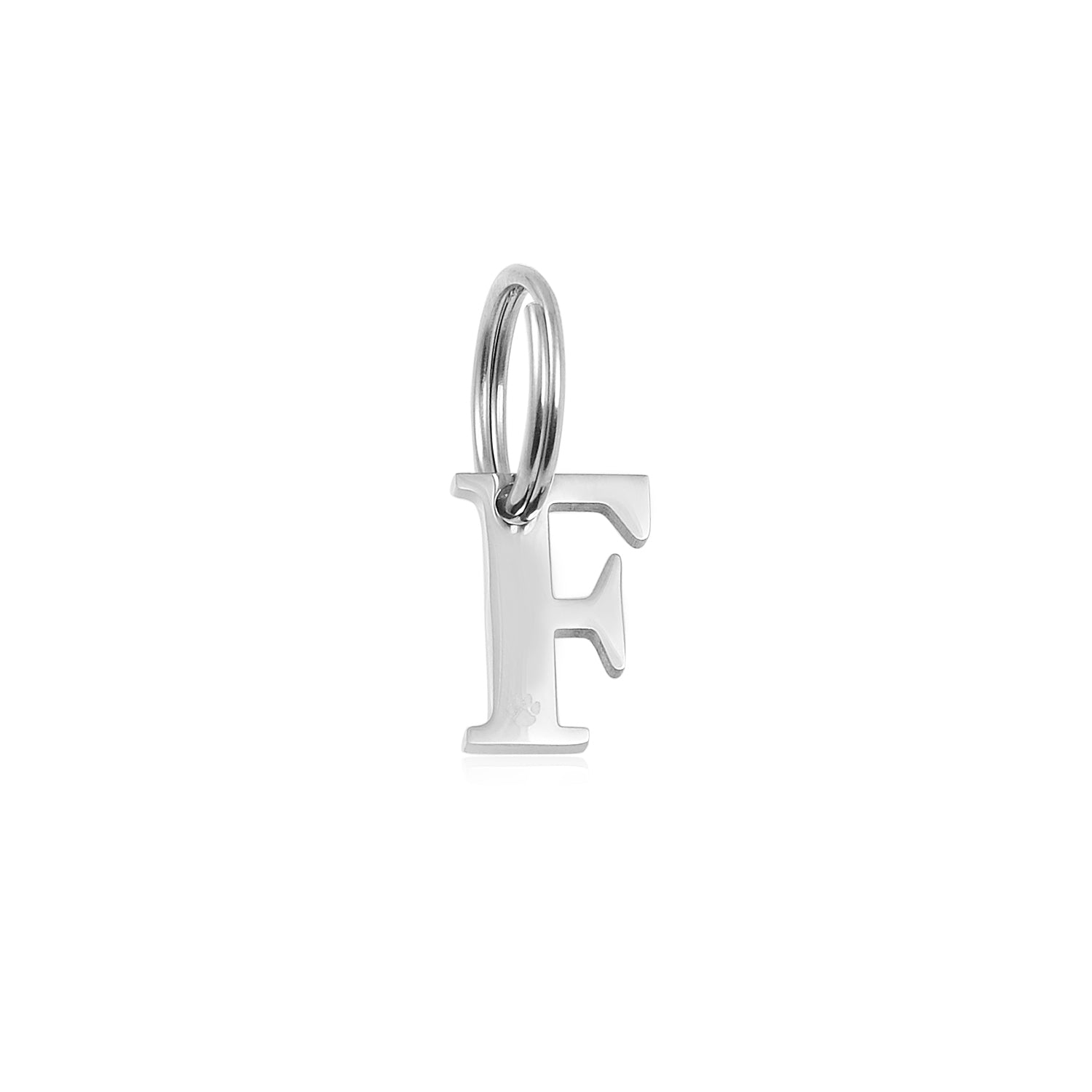 A polished silver Stainless Steel "F" charm from Georgie Paws’ Initials - Collar Charms hangs by a round loop on a white background, featuring a classic serif font—perfect as a thoughtful dog gift or personal keepsake.