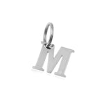 The Initials - Collar Charms by Georgie Paws is a stainless steel keychain featuring a shiny, metallic uppercase "M" charm with a small loop, attached to a circular keyring. Its simple, polished design is set against a white background.