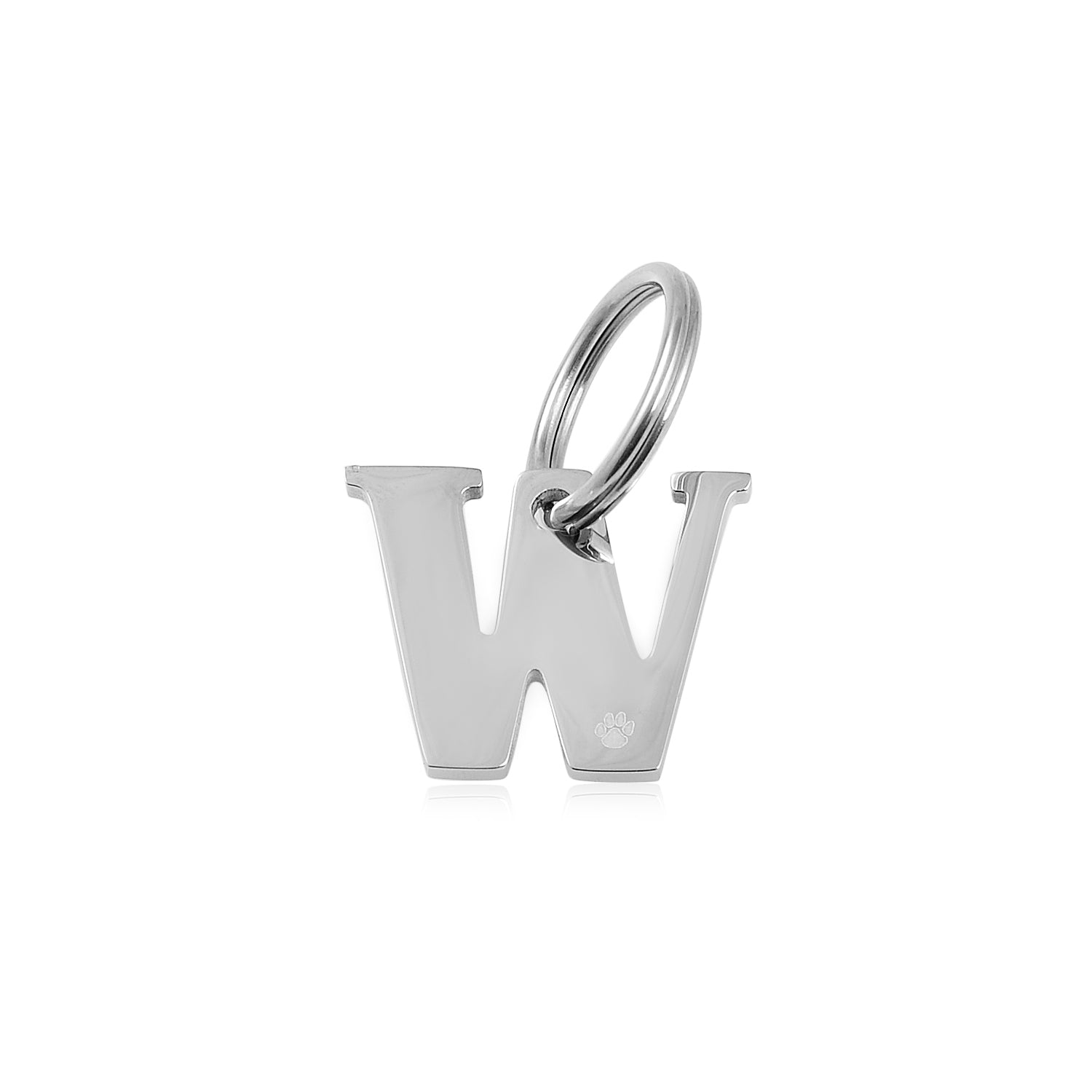 The Georgie Paws Initials - Collar Charms feature a stainless steel "W" with a paw print engraving, perfect as a dog gift. The key ring is attached at the top right and displayed on a plain white background.