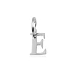 The Georgie Paws Initials - Collar Charms features a shiny silver stainless steel "E" charm on a small round ring, ideal as a pet lover accessory for necklaces, bracelets, or as a dog gift. Photographed on a plain white background.