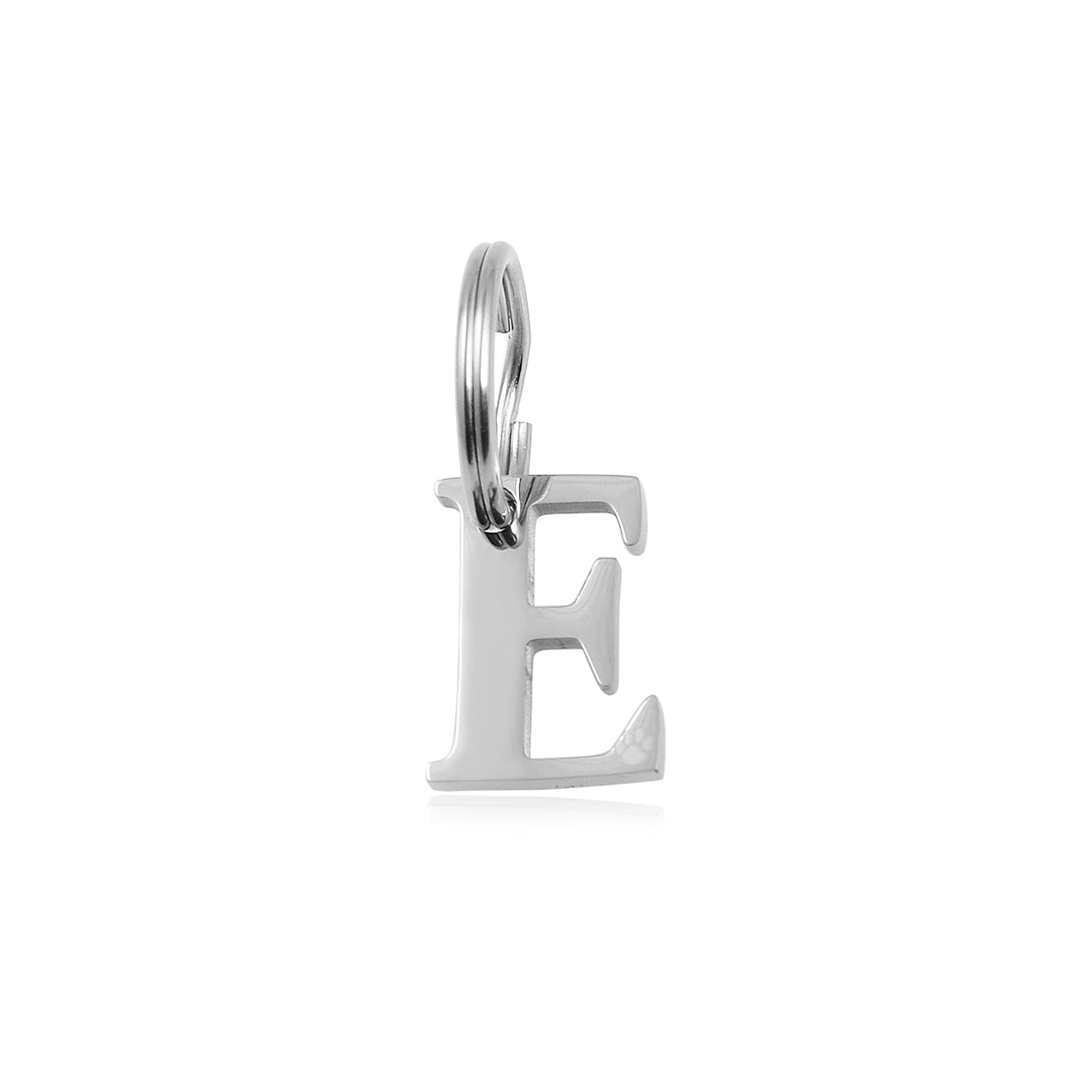 The Georgie Paws Initials - Collar Charms features a shiny silver stainless steel "E" charm on a small round ring, ideal as a pet lover accessory for necklaces, bracelets, or as a dog gift. Photographed on a plain white background.
