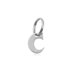 The Georgie Paws "Initials - Collar Charms" features a small, shiny silver crescent moon charm with smooth edges and a faint paw print engraving, attached to a round keyring—an ideal gift for dog lovers.