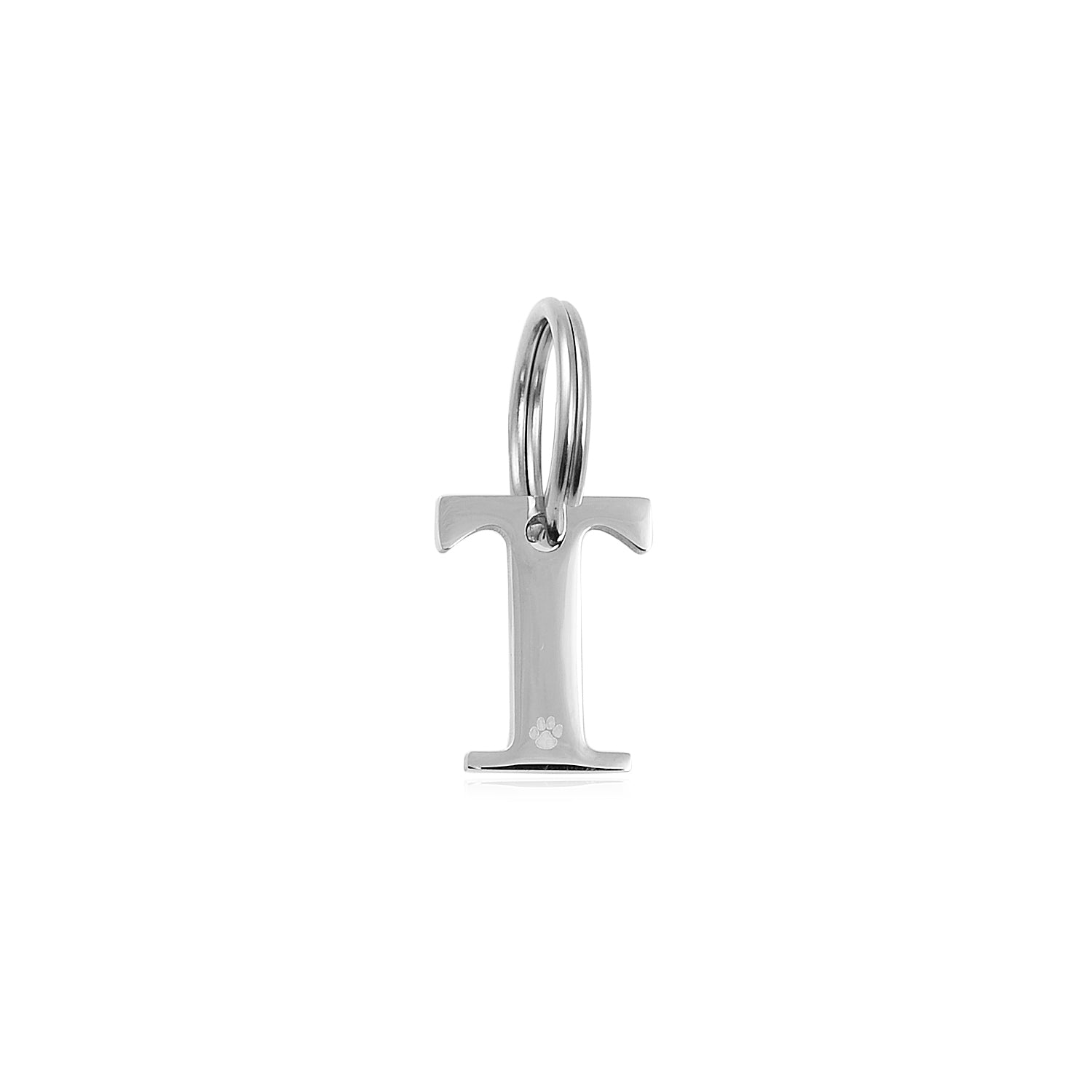 The Georgie Paws Initials - Collar Charms features a shiny stainless steel "I" pendant with a small paw print engraved at the base, hanging from a round metal loop—an ideal dog gift against a plain white background.