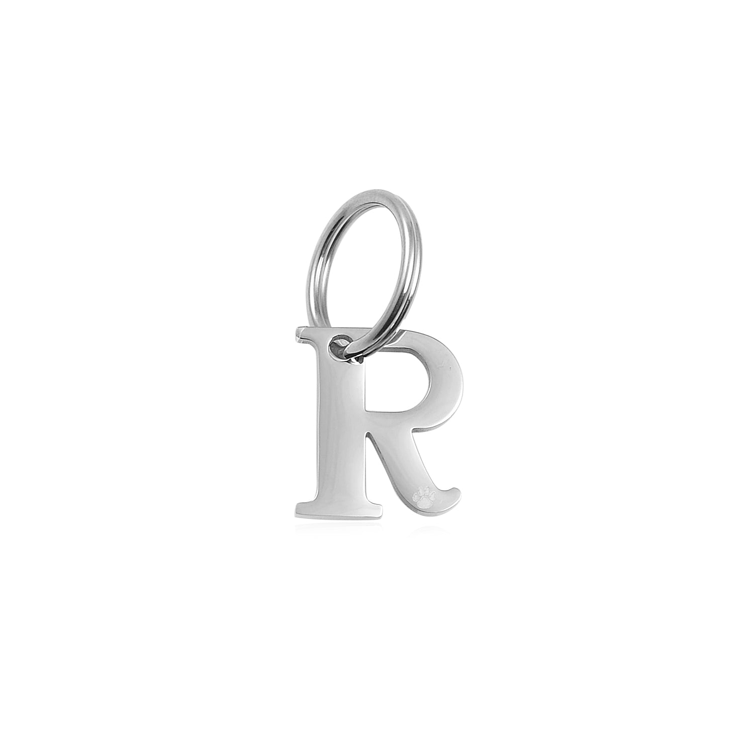 The Georgie Paws Initials - Collar Charms features a polished silver "R" pendant on a round keyring, ideal as a dog initial tag or personalized pet gift, shown against a white background.