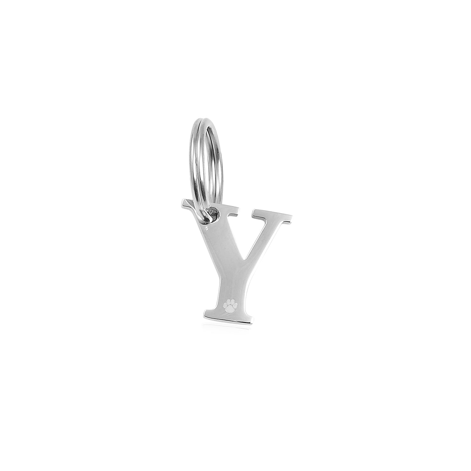 The Georgie Paws Initials - Collar Charms features a silver metal keychain with a capital "Y" dog initial tag charm and a small engraved paw print, attached to a round keyring on a plain white background.