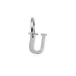 The Georgie Paws Initials - Collar Charms features a polished stainless steel “U” charm on a round split keyring, perfect for personalizing your pet’s collar. The upright letter stands out against a white background.