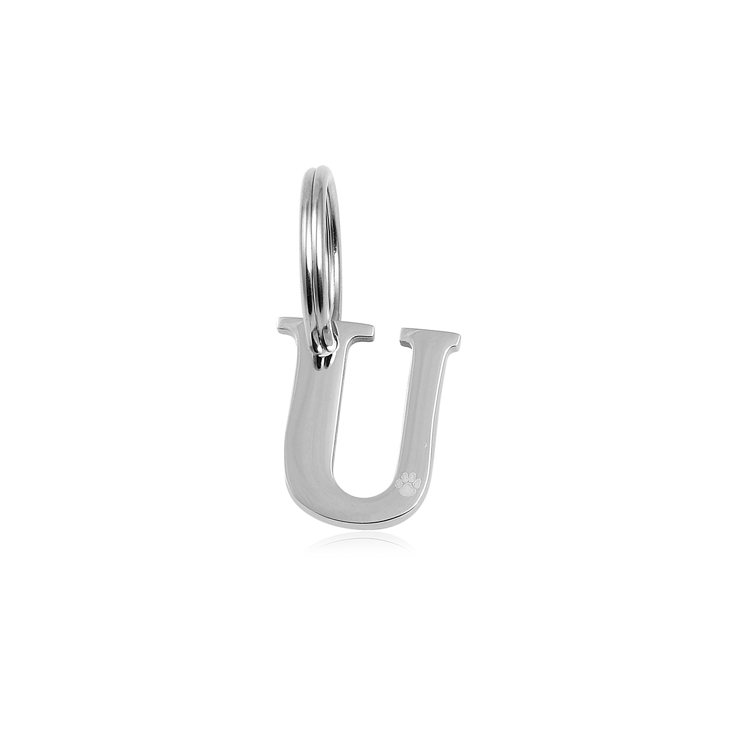 The Georgie Paws Initials - Collar Charms features a polished stainless steel “U” charm on a round split keyring, perfect for personalizing your pet’s collar. The upright letter stands out against a white background.
