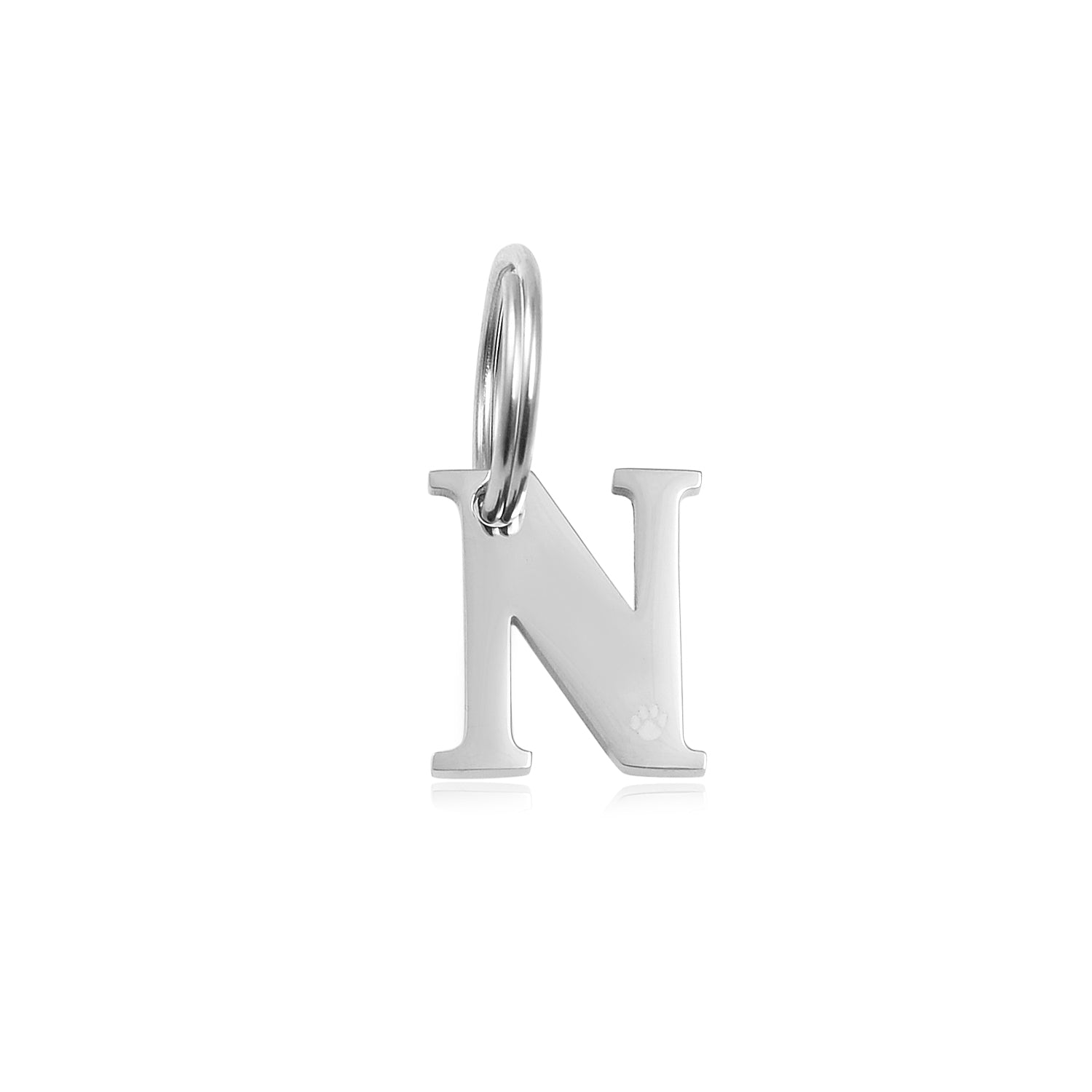 The Georgie Paws Initials - Collar Charms feature a shiny silver stainless steel "N" charm with polished edges and a round loop—stylish, durable, and the perfect dog gift for any pet lover.