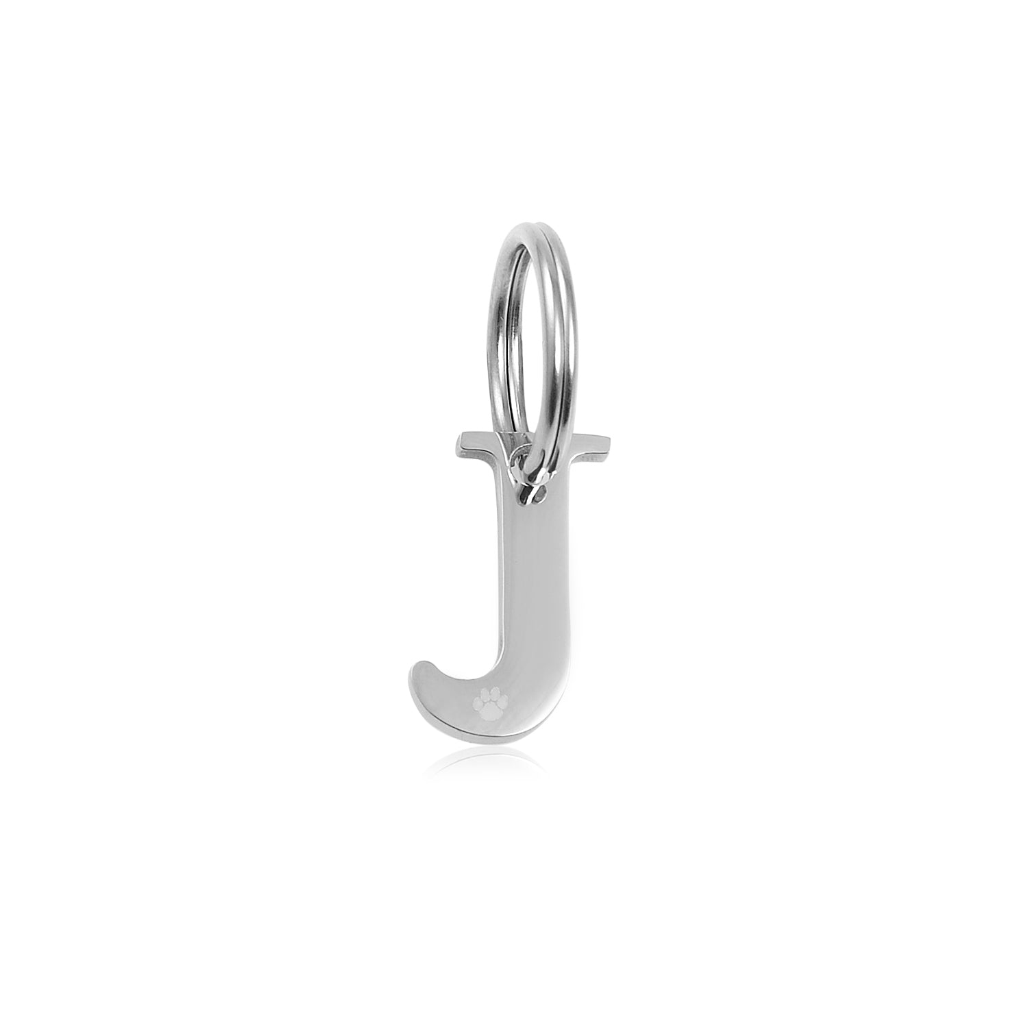 The Georgie Paws Initials - Collar Charms features a shiny stainless steel "J" charm with an engraved paw print near the curve, attached to a circular ring and shown against a white background—an ideal dog gift.