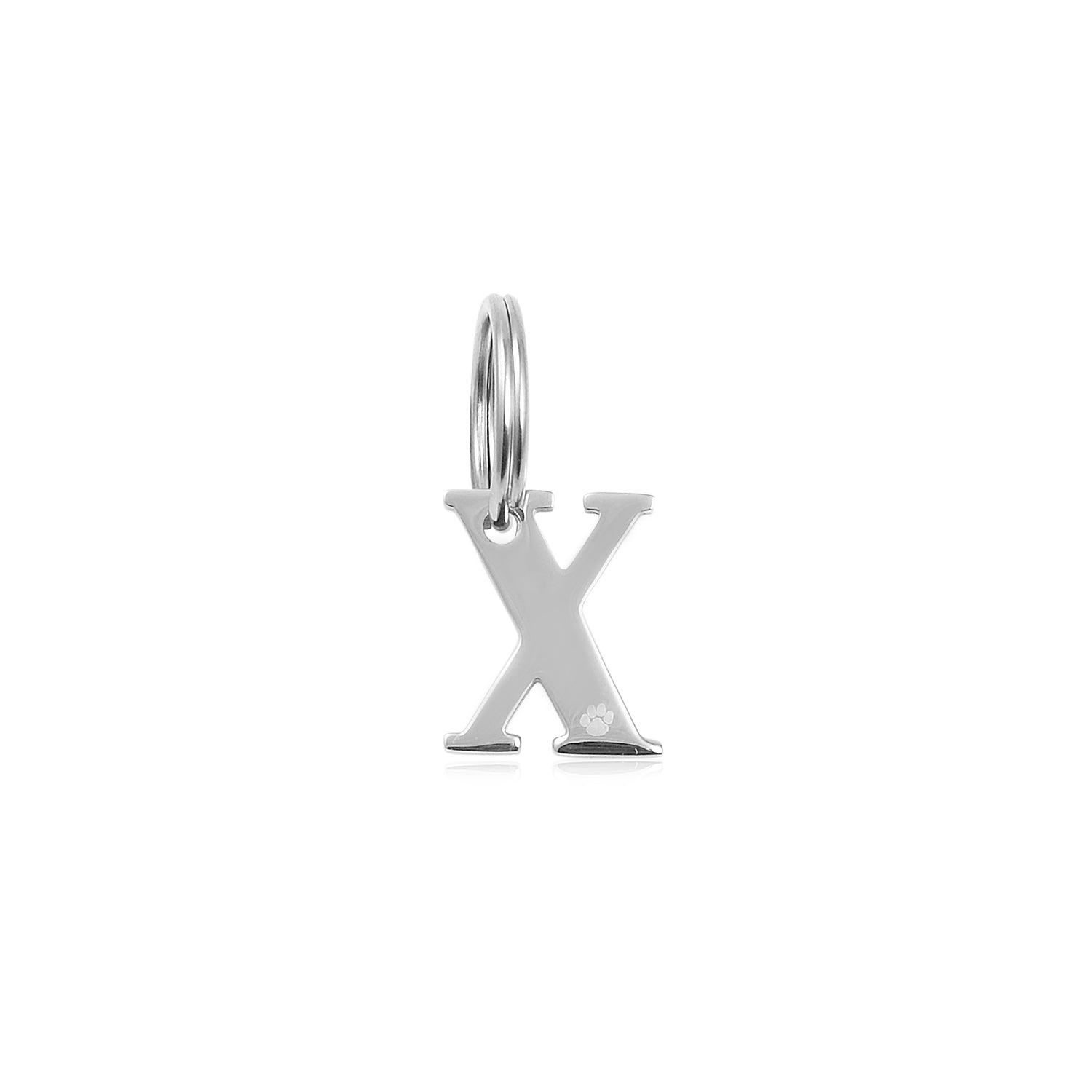 The Georgie Paws Initials - Collar Charm is a shiny silver tag shaped like the letter "X," featuring a small engraved paw print near the bottom right corner and hanging from a round loop against a plain white background.