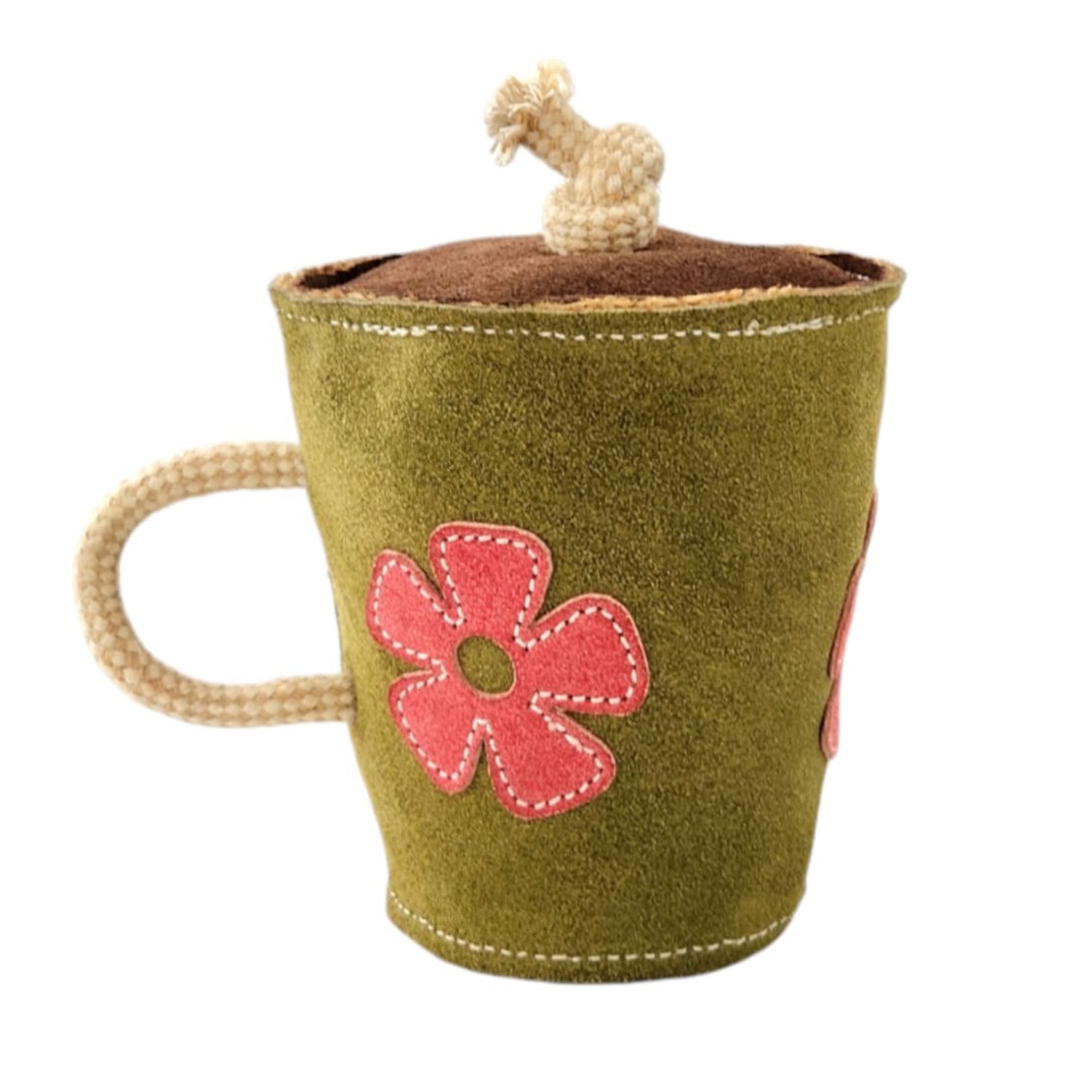 The Hotto Chocco Toy by Georgie Paws is a plush green coffee mug featuring a buffalo suede-like brown top, two pink fabric flowers with yellow centers, and a knotted string representing steam.