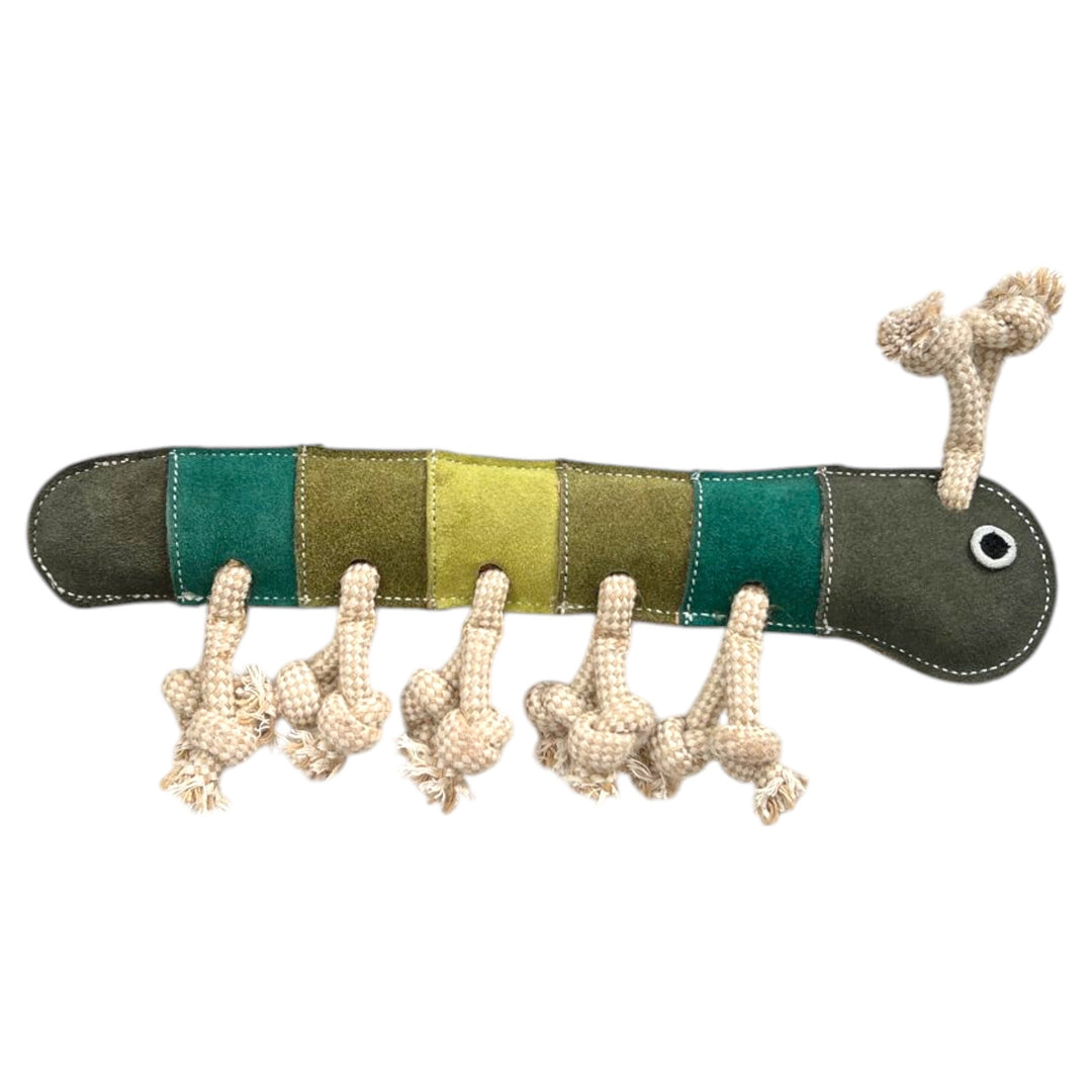 Gerti the Grub - greens by Georgie Paws is a caterpillar-shaped dog toy in green, yellow, and teal stitched fabrics with biodegradable coconut fibre accents and rope knots for legs and antennae. Plain white background.