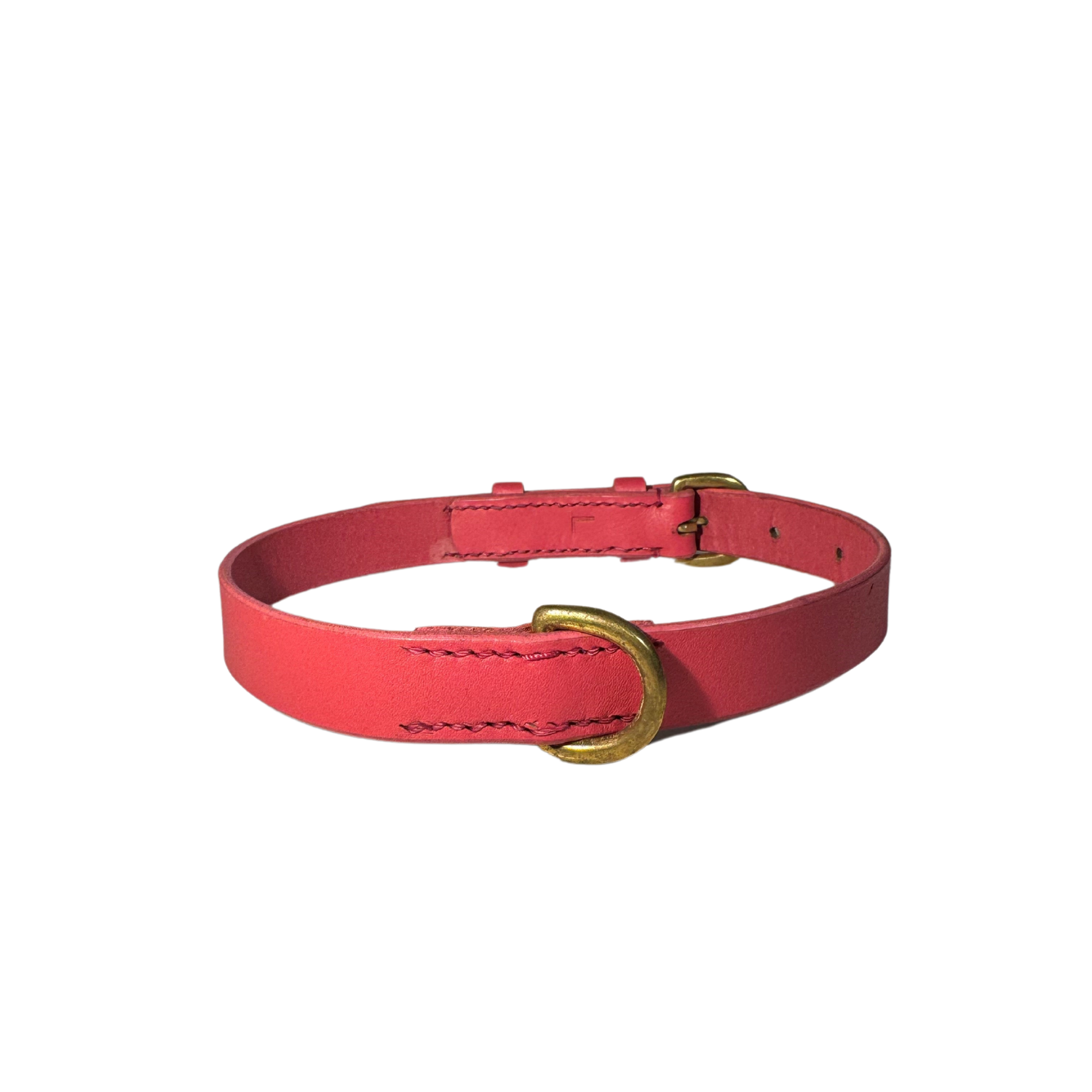 A hot pink buffalo leather belt from Georgie Paws with a streamlined design is showcased. It highlights a round antique brass buckle, and the smooth leather features visible stitching along the edges. The belt is presented coiled in a circular shape against a minimalist white background.