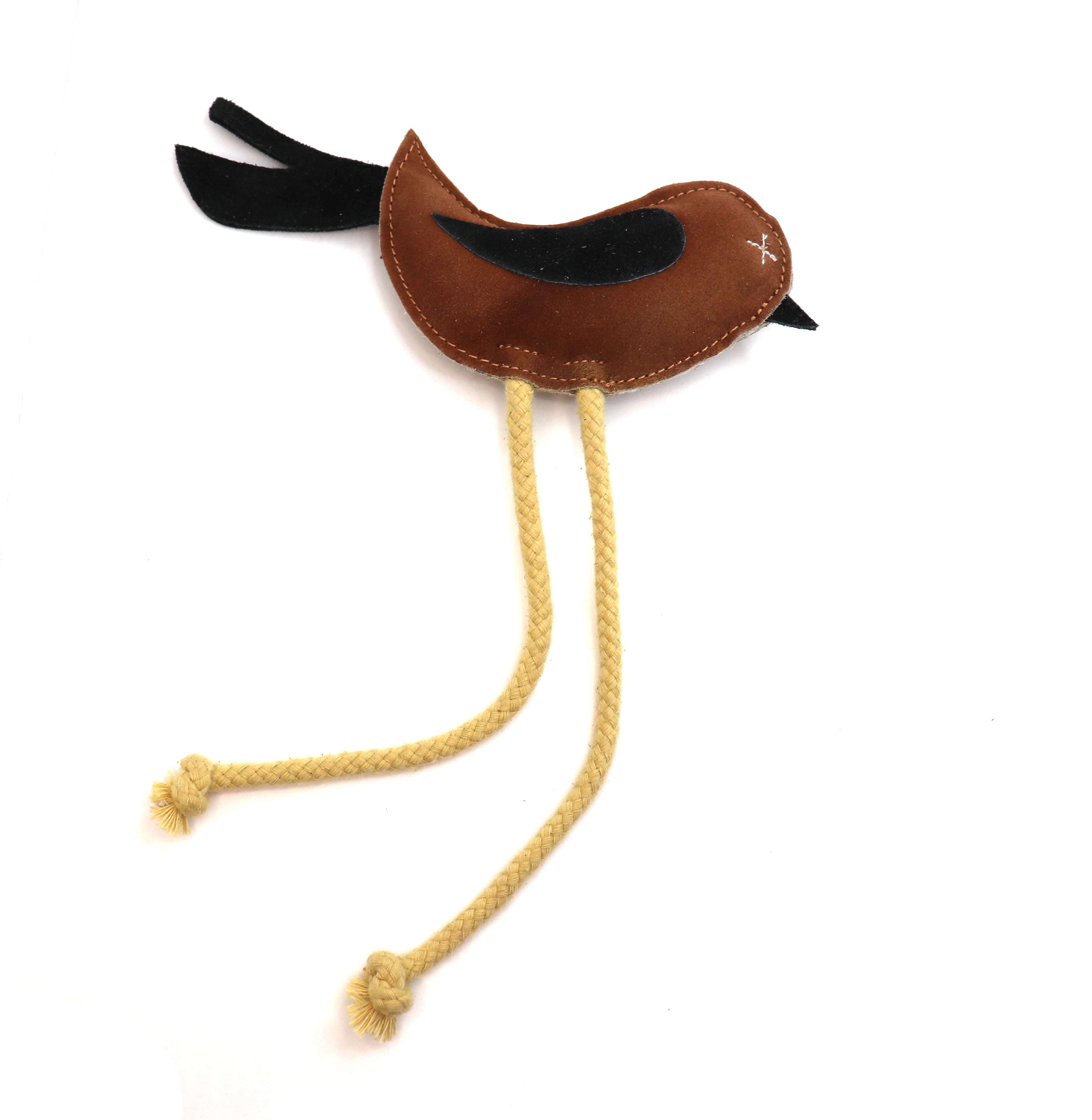 A handmade leather Birdy Toy - black + tan with enticing dangly rope legs and knotted ends isolated on a white background by Georgie Paws.