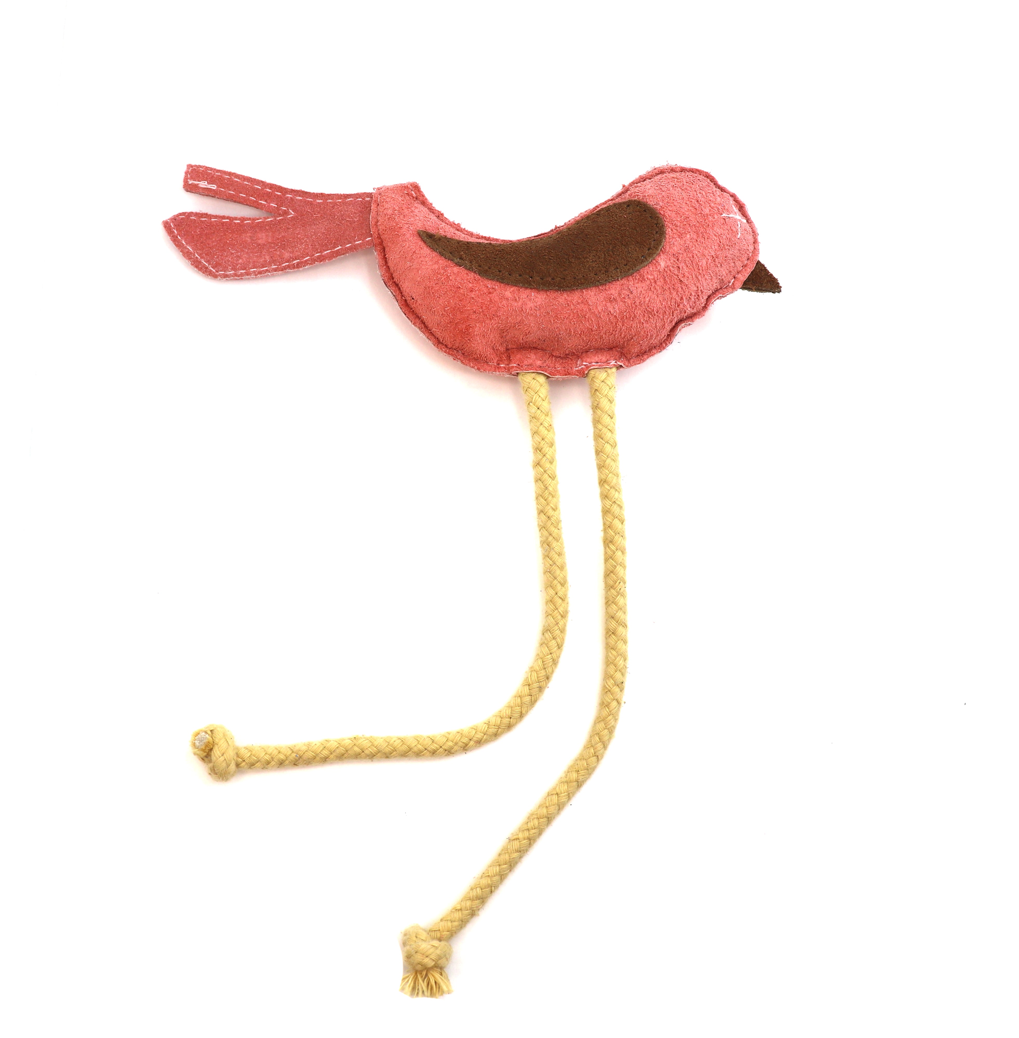A whimsical pink and tan Birdy Toy with a long, yellow braided tassel resembling legs, isolated on a white background. The bird features a cut-out section, simulating a wing. Ideal for Georgie Paws enthusiasts.