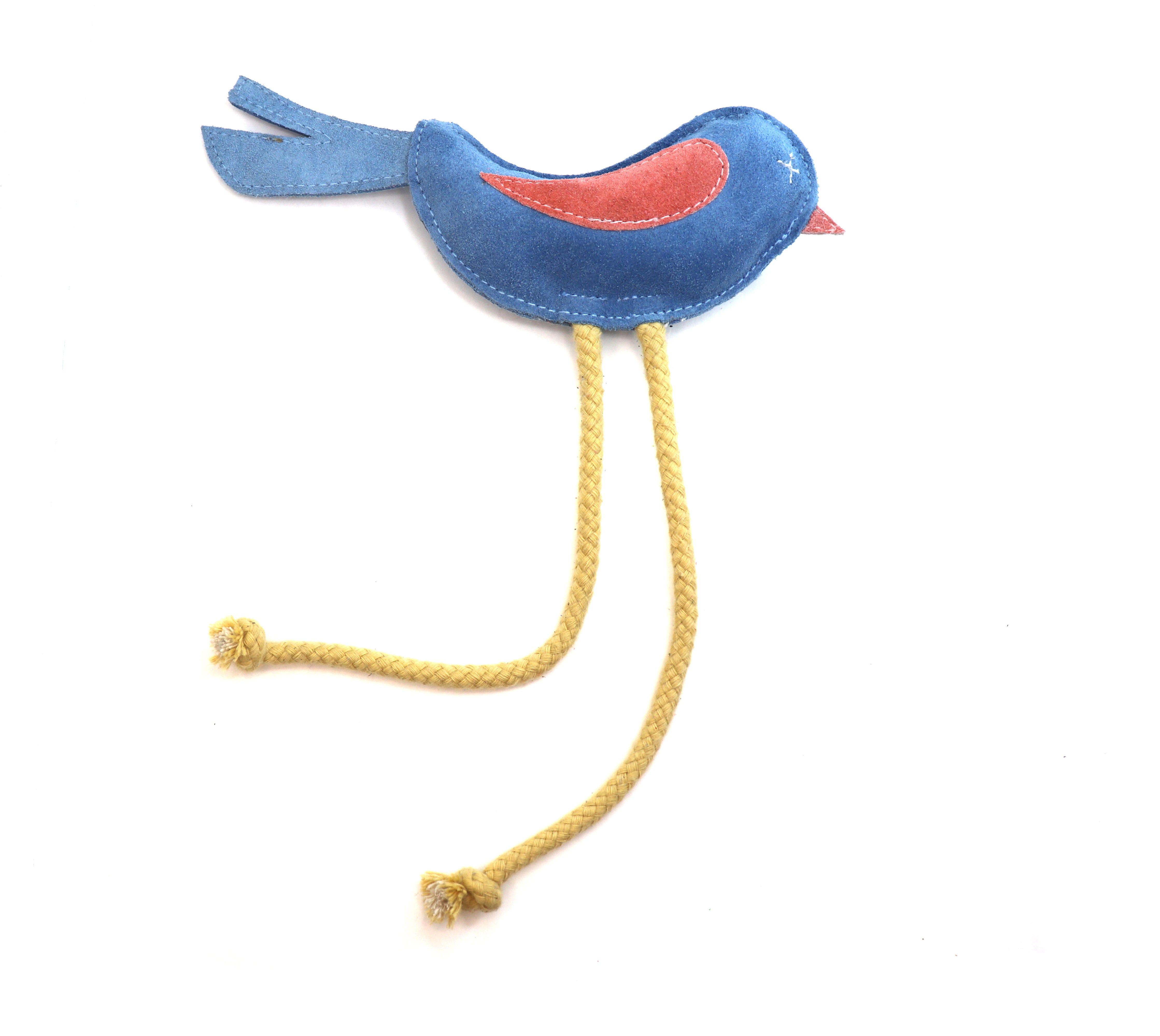 A colorful eco-friendly Birdy Toy in pink and blue made of fabric, primarily blue with a red belly and white polka dots, featuring a long yellow braided tail with knotted ends, isolated on a white background by Georgie Paws.