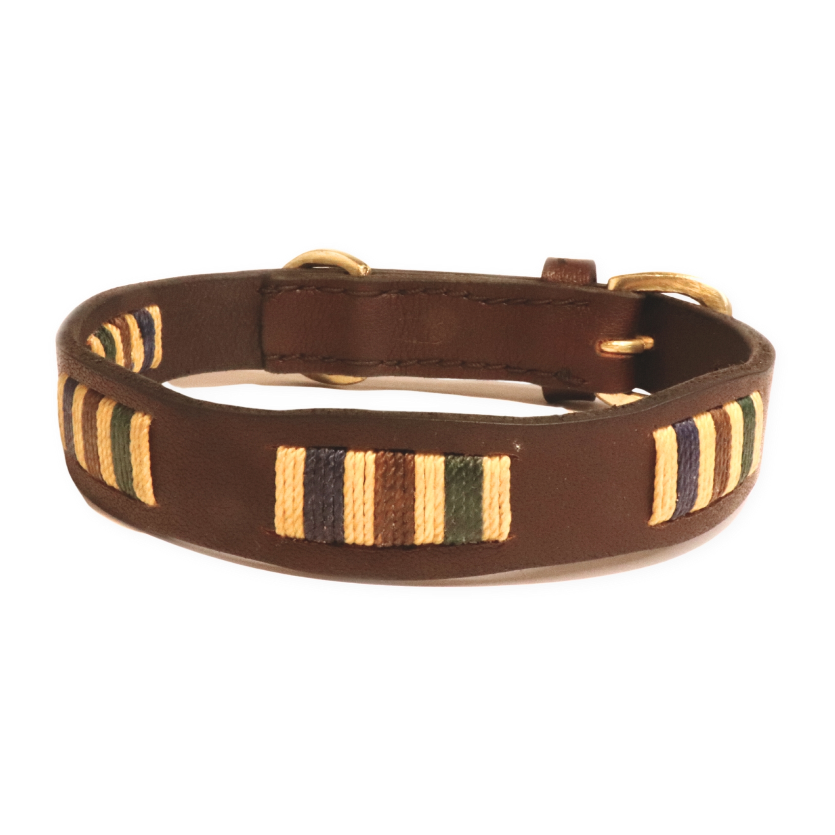 A handmade Polo Collar - Jinky with a golden buckle and striped, earth-toned embellishments, isolated on a white background by Georgie Paws.