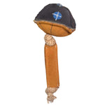 The Maisy the Mushroom Toy by Georgie Paws includes a brown leather handle with "KONG," a black fabric sphere with blue and white crisscross designs, sustainable buffalo suede construction, and a beige rope knot for texture and durability.