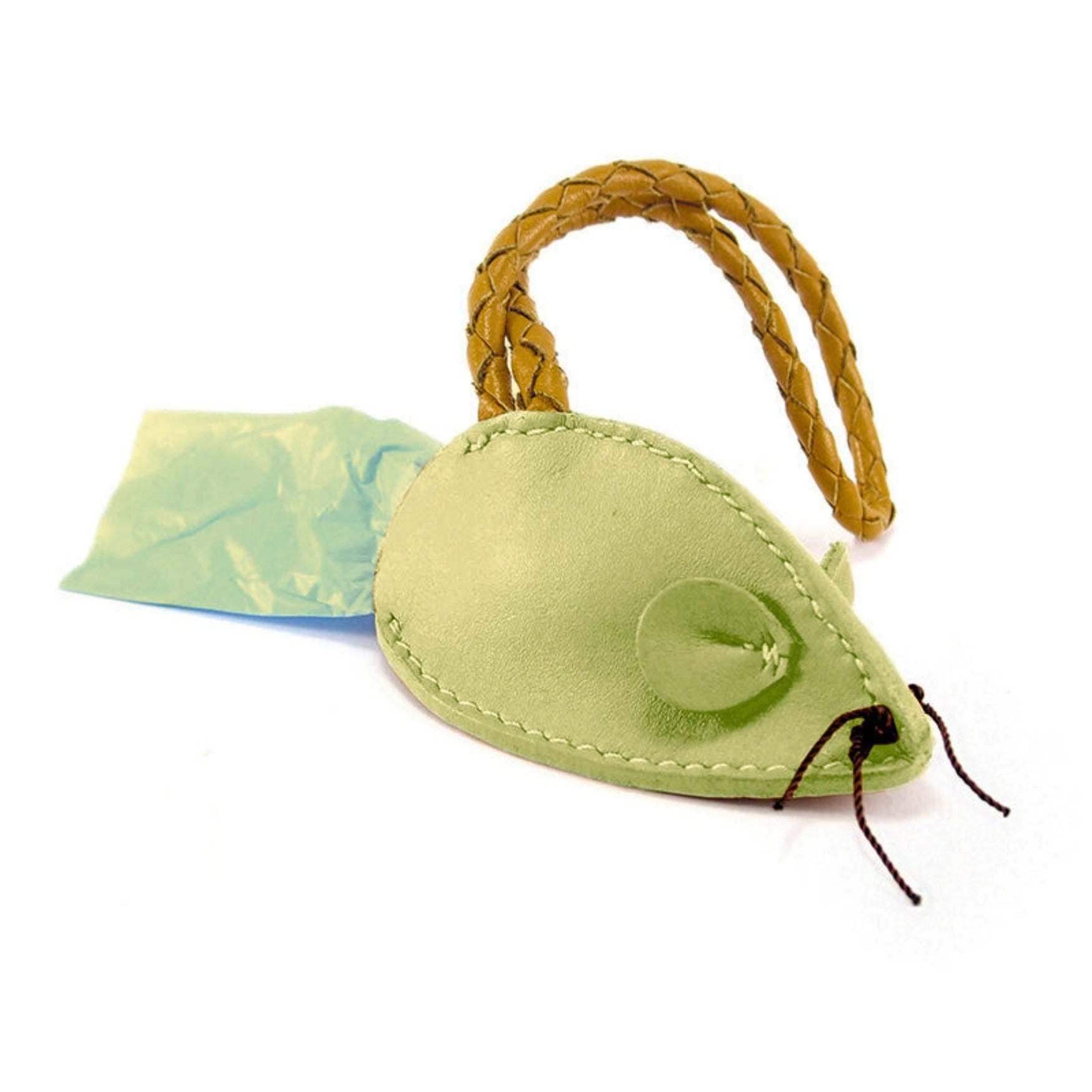 A handmade light green buffalo leather Mouse Poobag Dispenser - pear with a braided tail and stitched details, accompanied by a small blue fabric leaf, isolated on a white background.