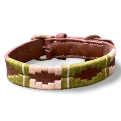 A green and brown Georgie Paws dog collar with a brown leather strap, named Polo Collar - Patrick.