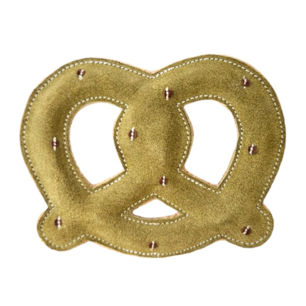 Peter the Green Pretzel by Georgie Paws is a plush toy with golden-brown fabric reminiscent of pretzels, buffalo suede accents, stitched edges, and salt-like dots for added texture. It offers a soft feel and an inviting look for any collection.