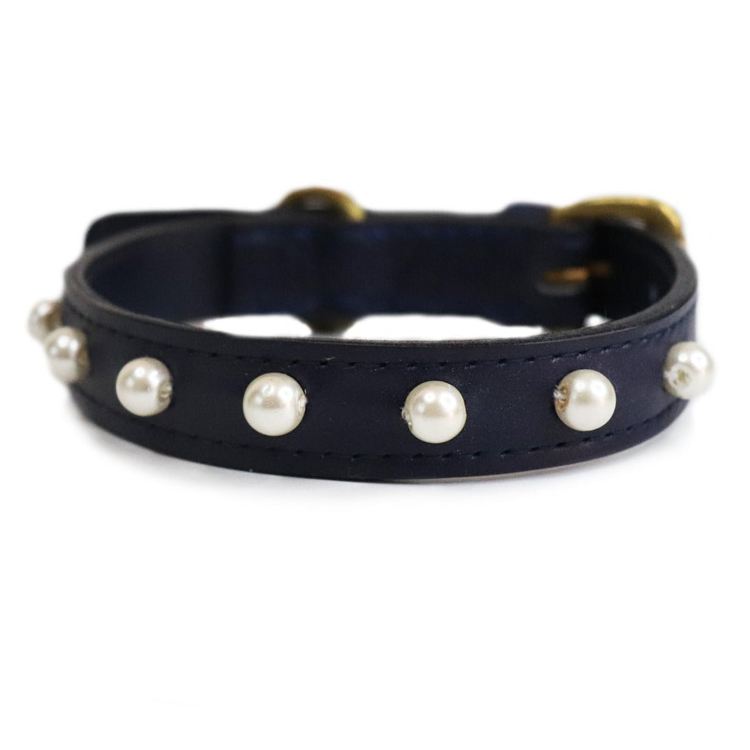 navy blue leather dog collar with pearl trim