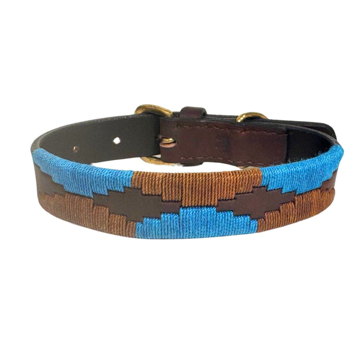 The Polo Collar - Stubble by Georgie Paws is crafted from buffalo leather in brown with a geometric zigzag pattern in blue and brown thread, featuring a brass buckle and adjustable holes, displayed against a plain white background.