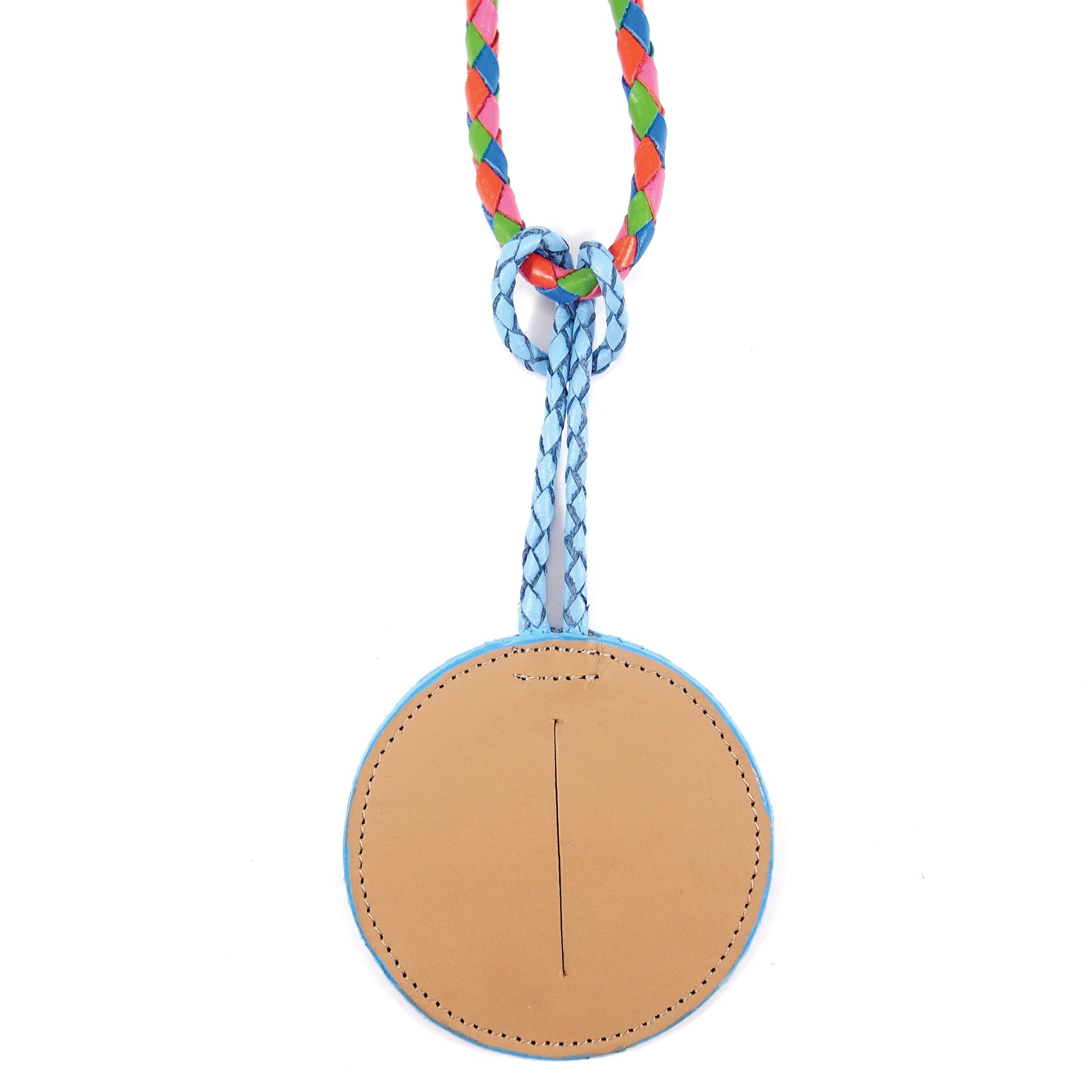 The Saucer Poo Bag Dispenser - Blue by Georgie Paws is a chic, round tan leather pouch with blue stitching. It hangs from a braided, multi-colored strap that features vibrant hues of blue, pink, green, and orange and elegantly forms a knot above the pouch. Designed for practicality and style, it includes a narrow center slit to allow easy access to bags. The plain white background really allows this stylish accessory to stand out.