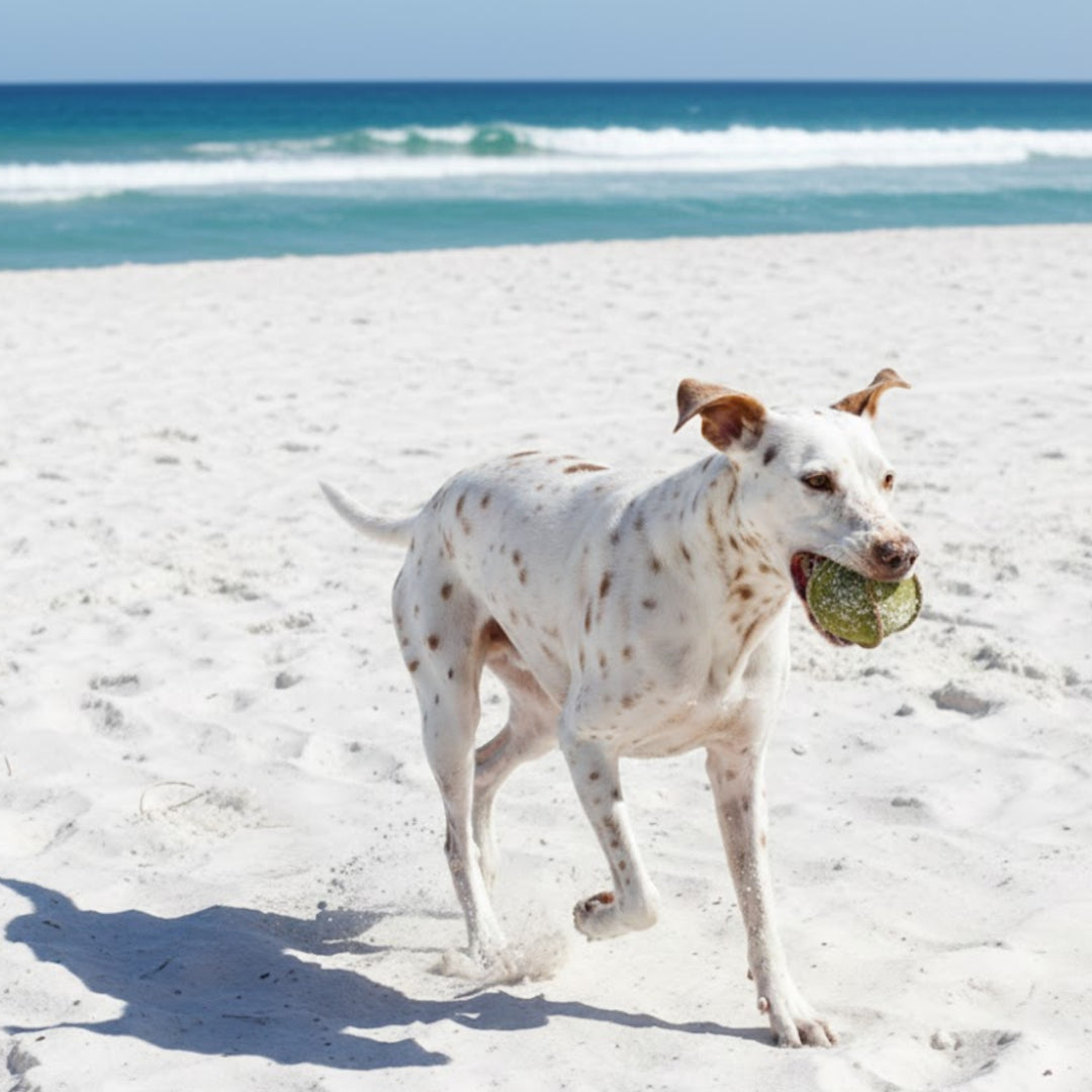 A white dog with brown spots runs on a sandy beach, carrying the Georgie Paws Ball - Grass eco-friendly toy. Gentle ocean waves and a clear blue sky are in the background as the playful pup enjoys its sustainable ball.