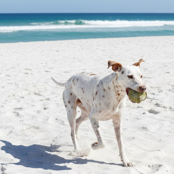 A white dog with brown spots runs on a sandy beach, carrying the Georgie Paws Ball - Grass eco-friendly toy. Gentle ocean waves and a clear blue sky are in the background as the playful pup enjoys its sustainable ball.